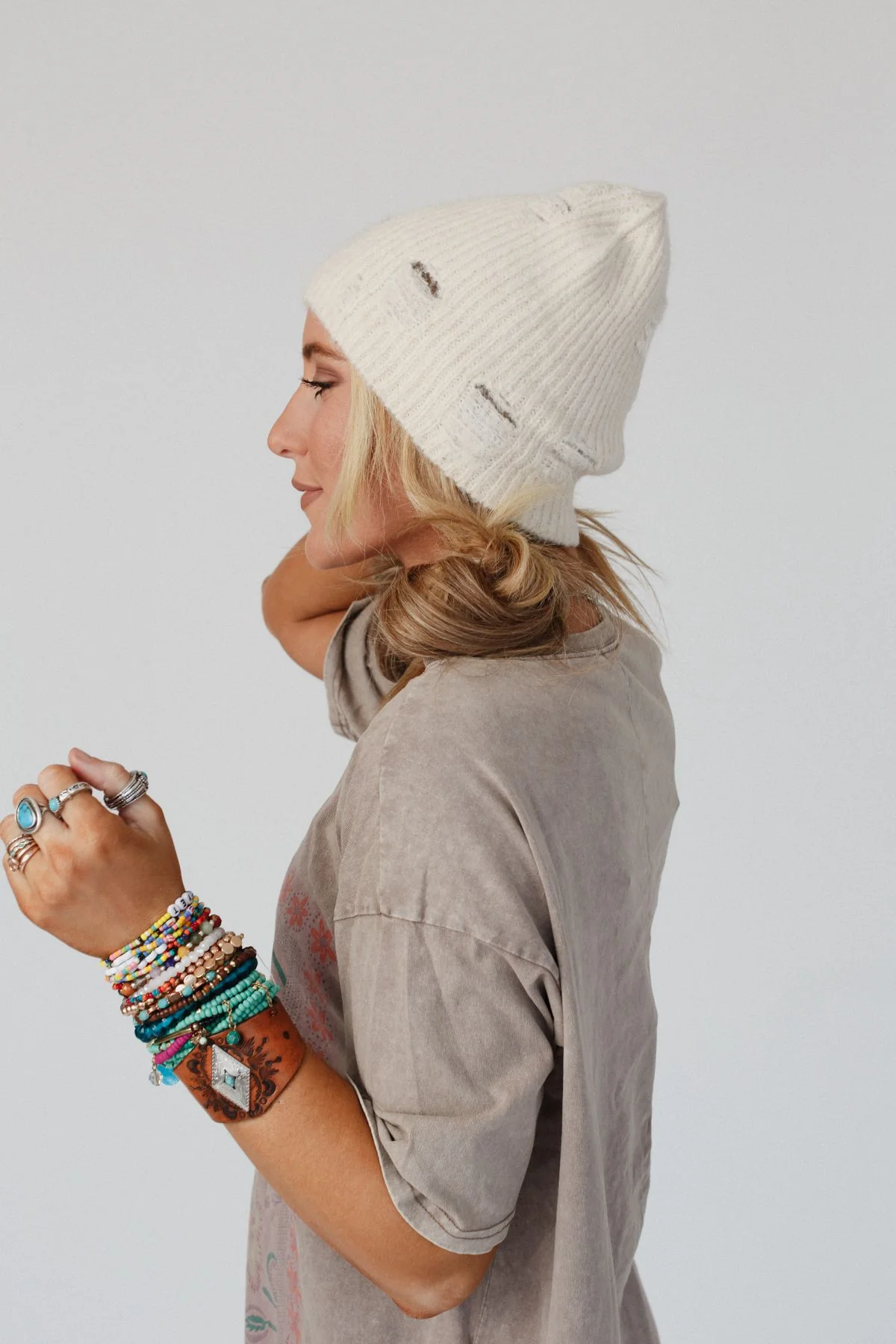 Jenice Distressed Beanie - Ivory - Image 3
