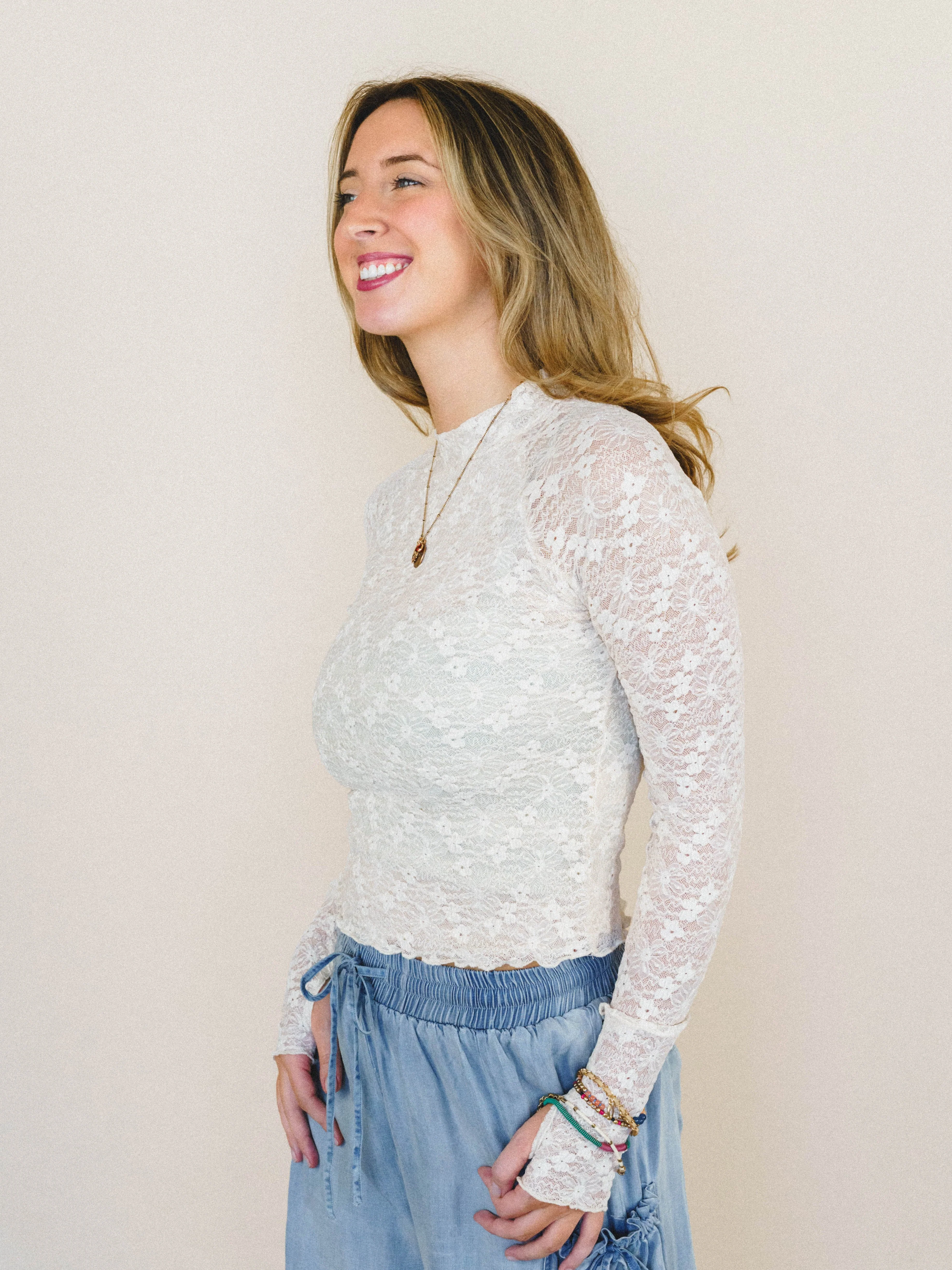 Lace Crush Long Sleeve Top - Cream - Image 2