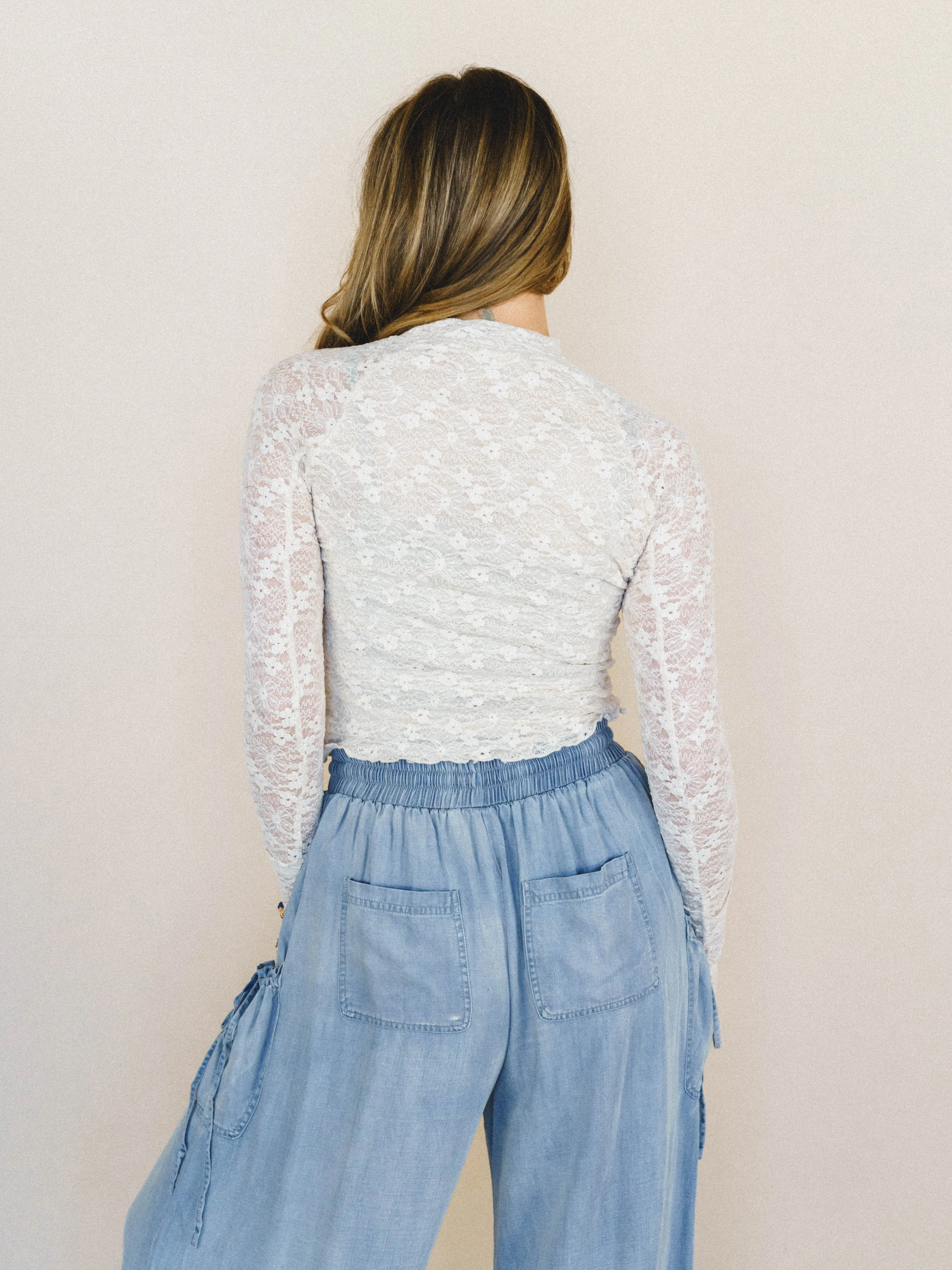 Lace Crush Long Sleeve Top - Cream - Image 3
