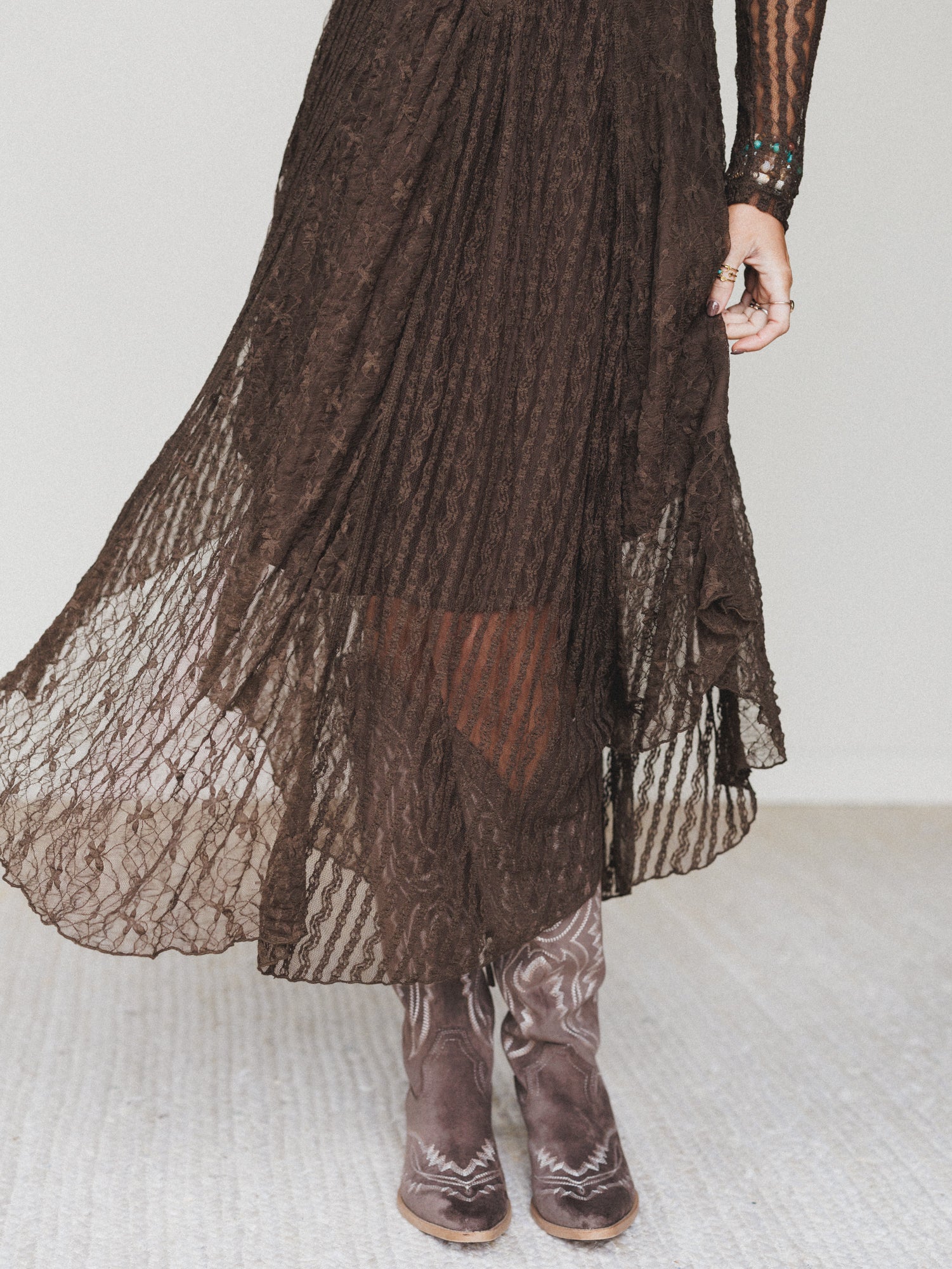 Lace Story Long Sleeve Midi Dress - Chocolate - Image 5