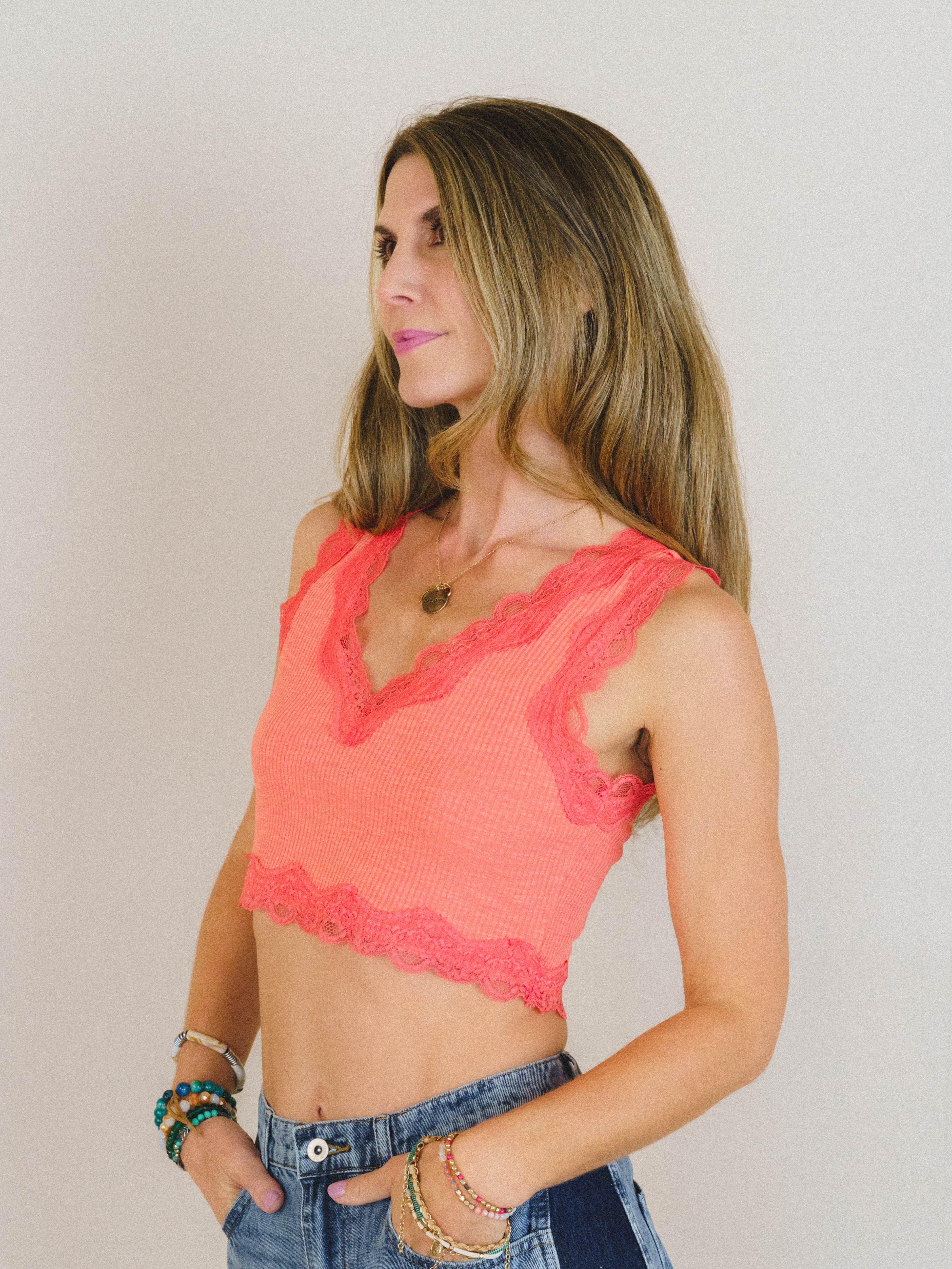 Lace Trim Cropped Cami - Hot Coral