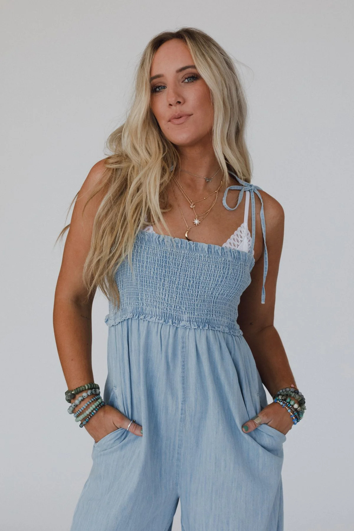 The Nest Last Call Smocked Jumpsuit - Light Wash - Image 4