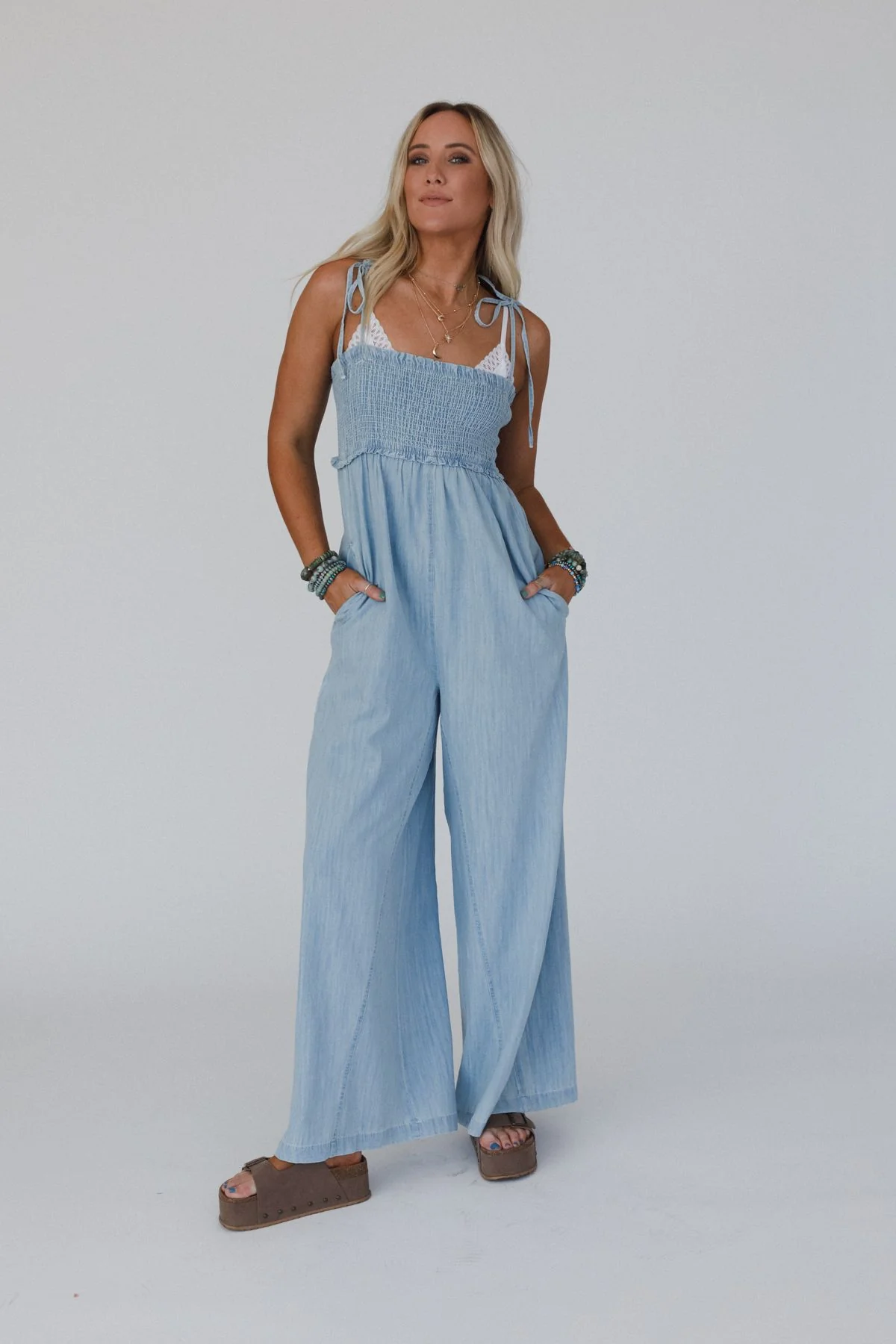 The Nest Last Call Smocked Jumpsuit - Light Wash - Pre Order - Image 2