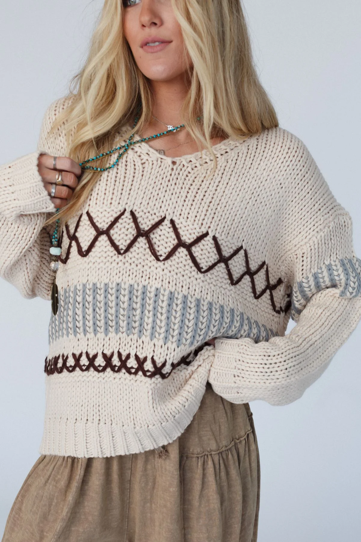 LeAnn V Neck Sweater - Oatmeal - Image 3