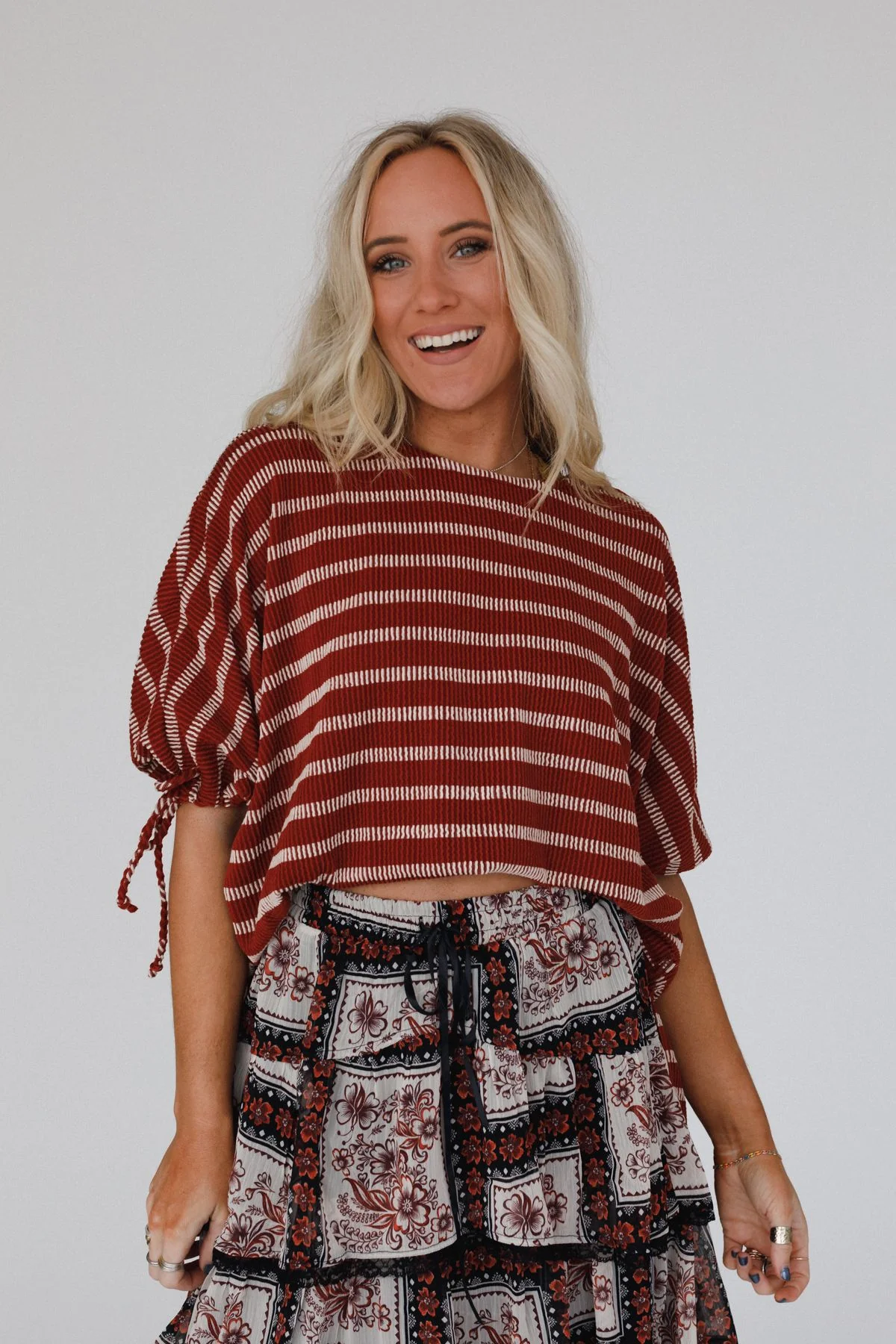 The Nest Little Lark Striped Puff Sleeve Tee - Rust - Image 4