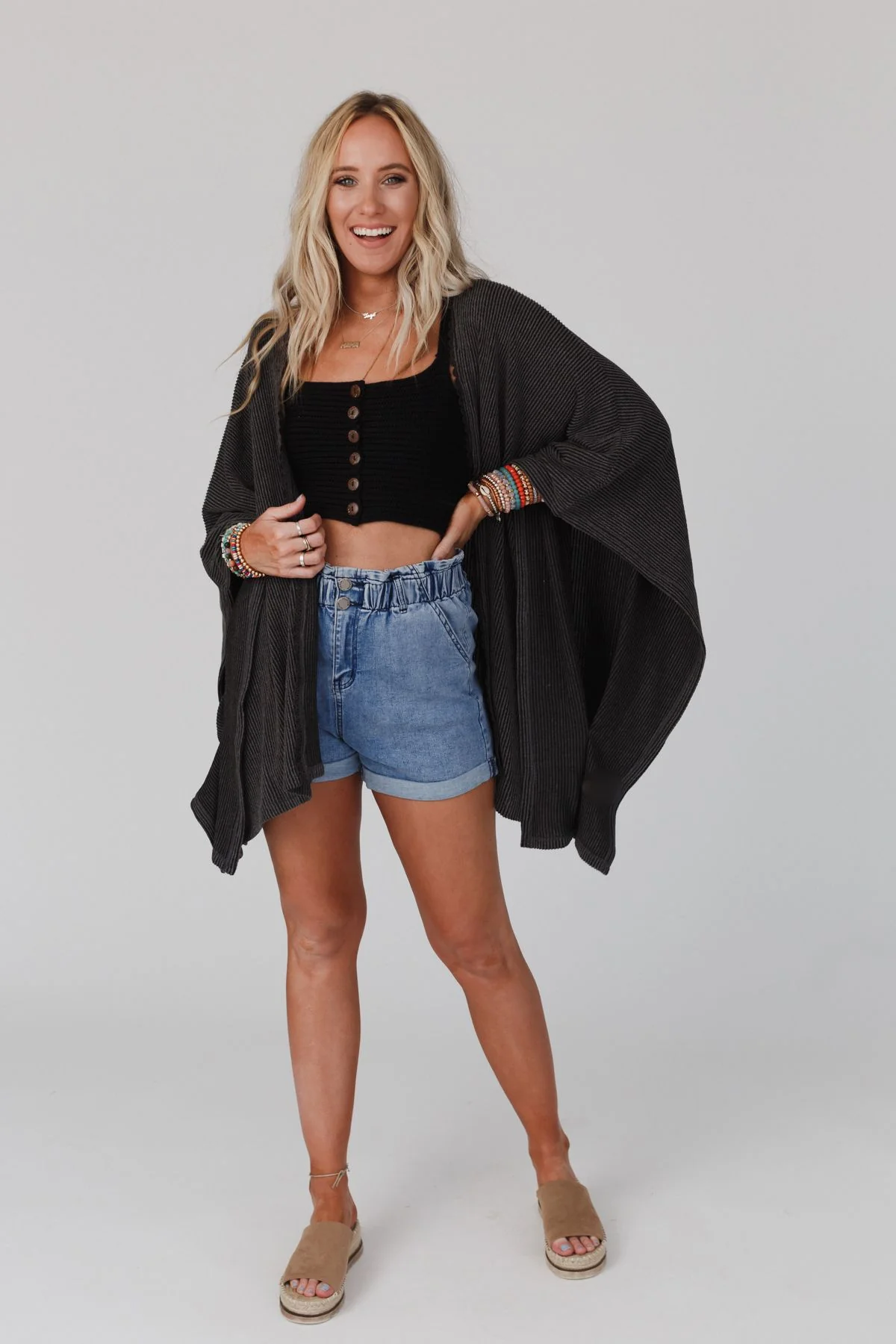 The Nest Lotus Lace Trim Ribbed Knit Kimono - Charcoal - Image 7