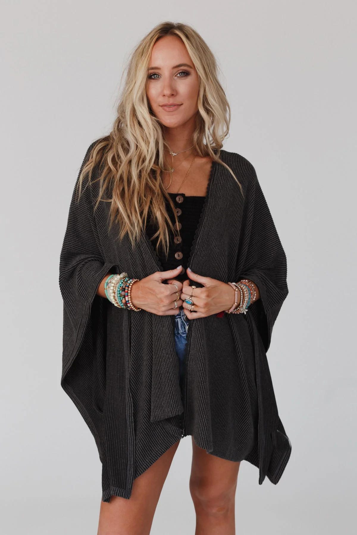 The Nest Lotus Lace Trim Ribbed Knit Kimono - Charcoal - Image 8