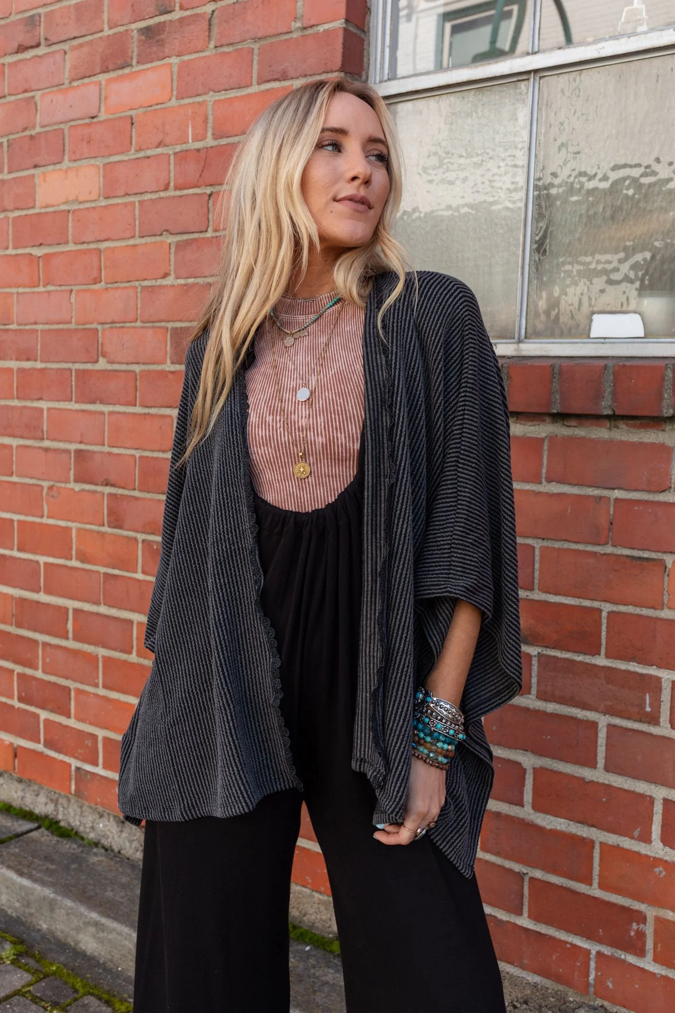 The Nest Lotus Lace Trim Ribbed Knit Kimono - Charcoal - Pre Order