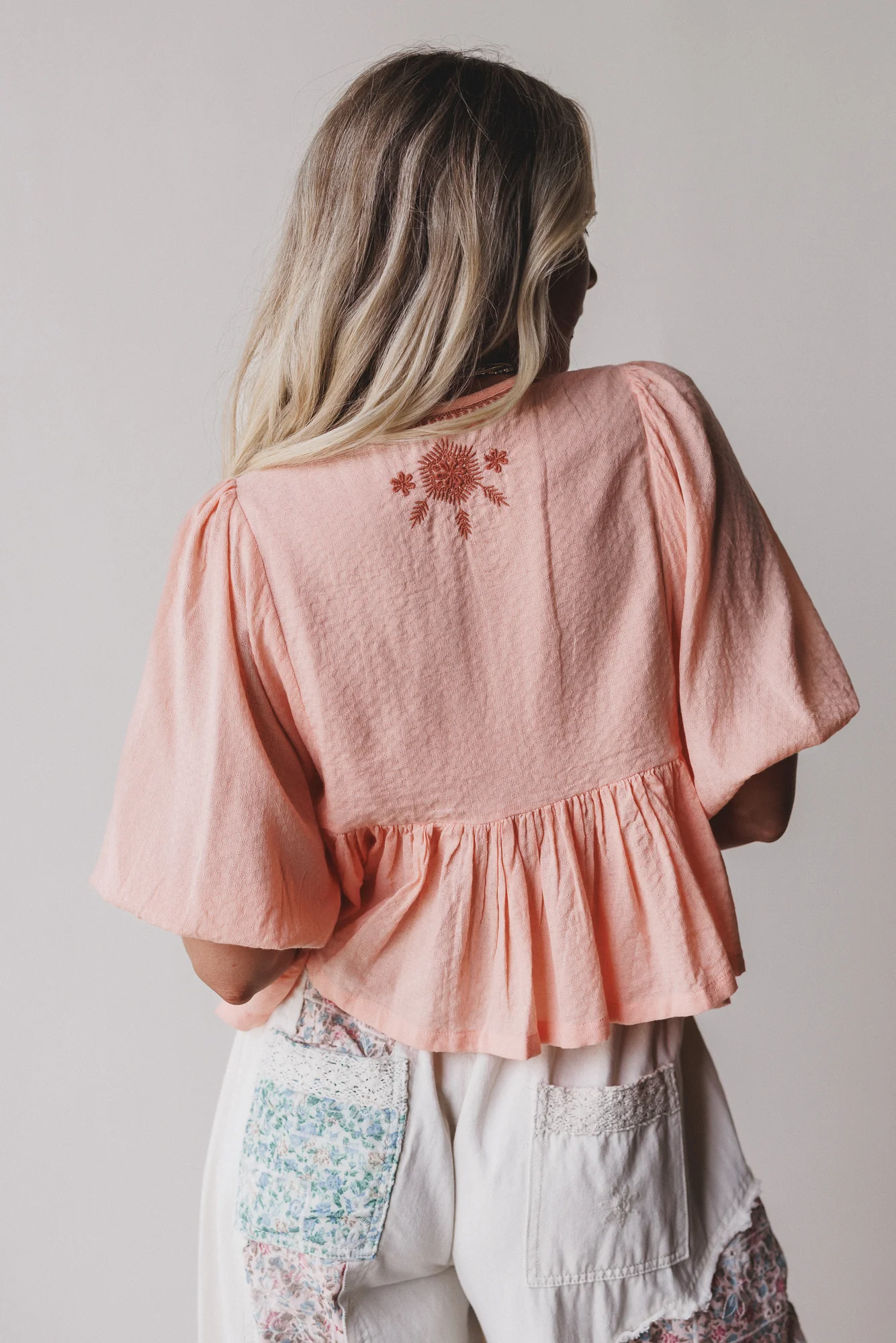 Louella Embroidered Peplum Top - Coral - Image 5
