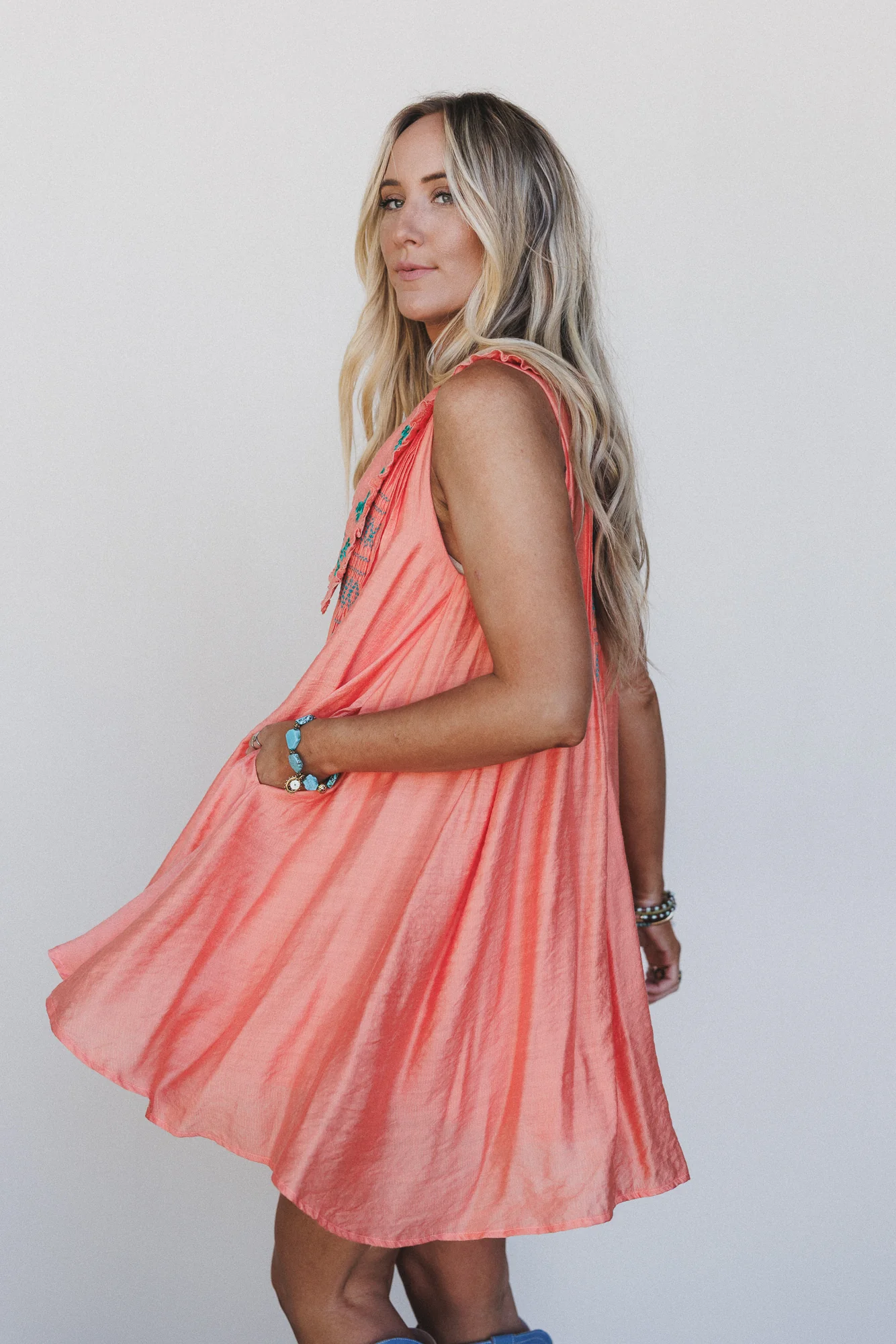 Lyona Embroidered Dress - Coral - Image 5
