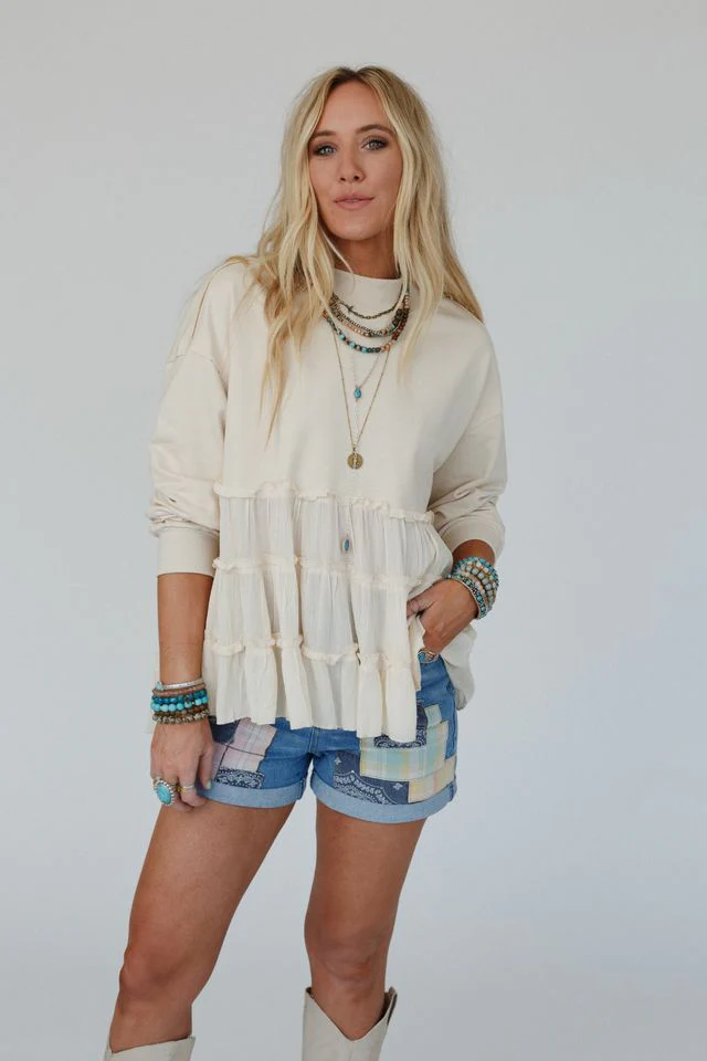 Madeira Tiered Babydoll Top - Beige - Image 3