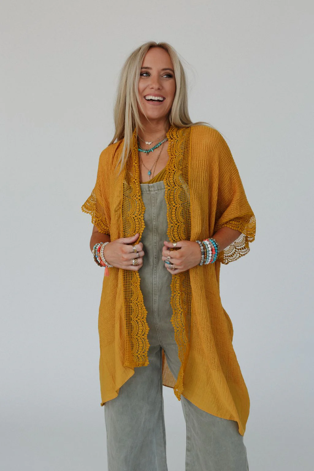 Marie Lace Trim Kimono - Mustard - Image 2
