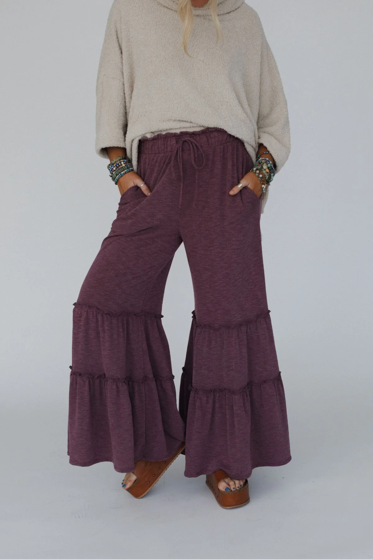 The Nest Milla Ruffled Wide Leg Pants - Burgundy - Image 3