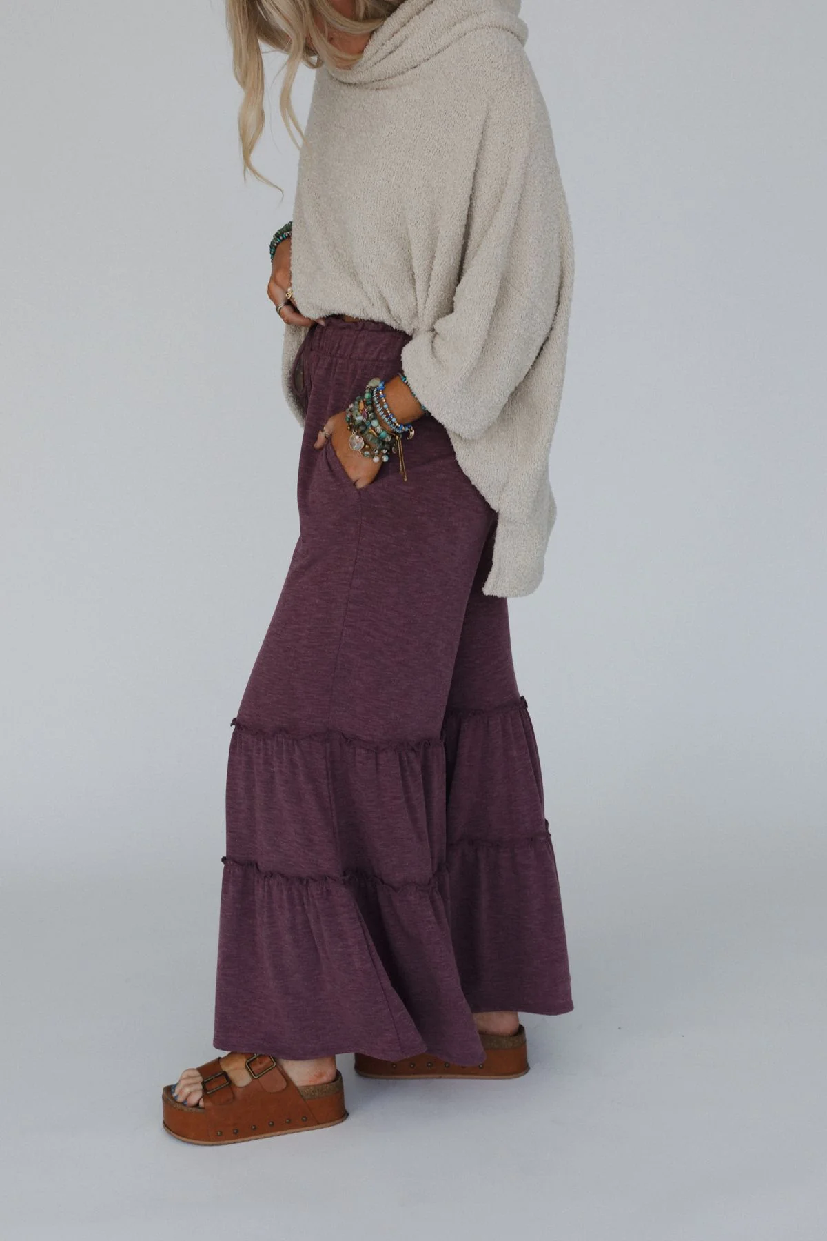 The Nest Milla Ruffled Wide Leg Pants - Burgundy - Image 4