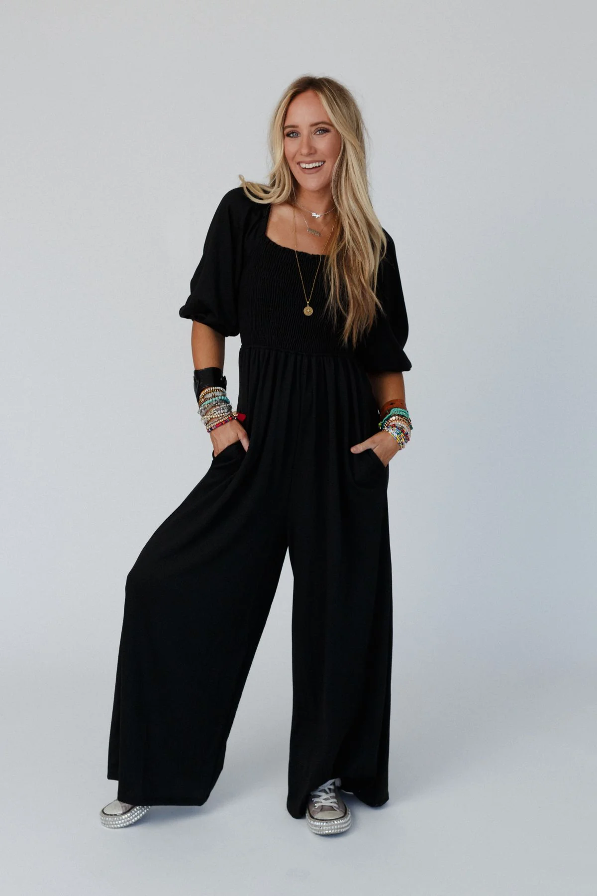 The Nest Nick Of Time Smocked Jumpsuit - Black - Pre Order