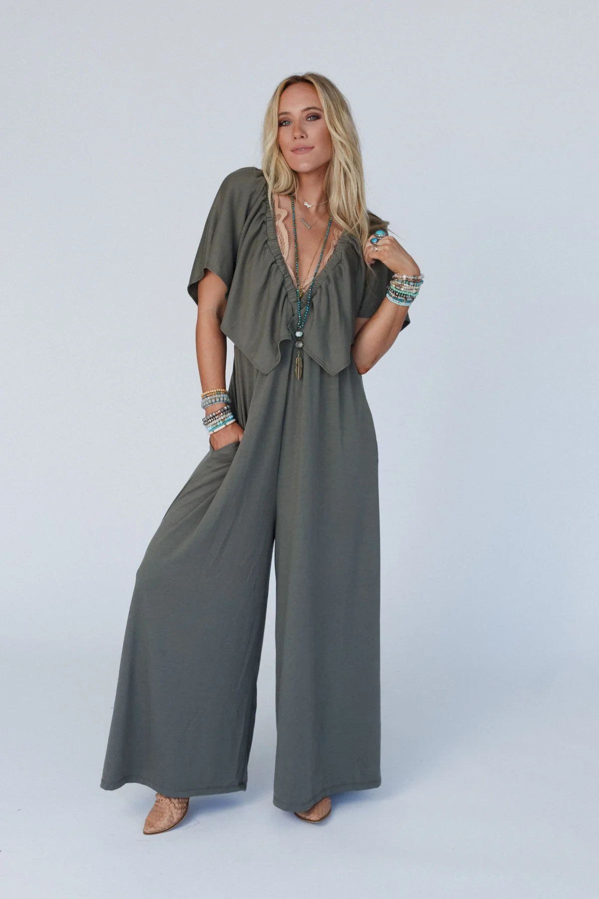 The Nest On Repeat Open Back Ruffle Jumpsuit - Light Olive - Image 5