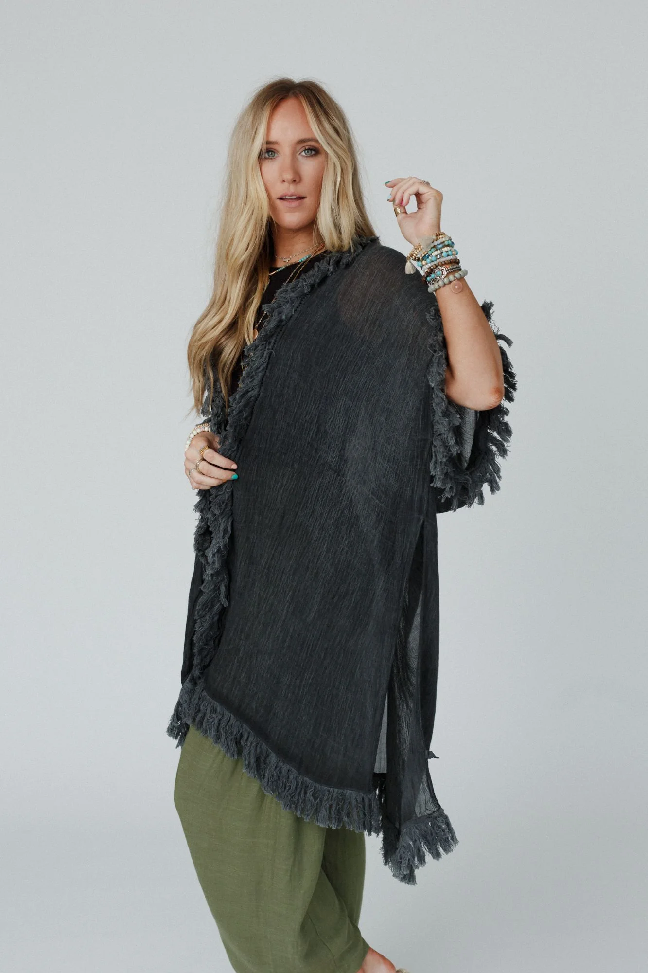 On The Edge Fringe Kimono - Charcoal - Image 2