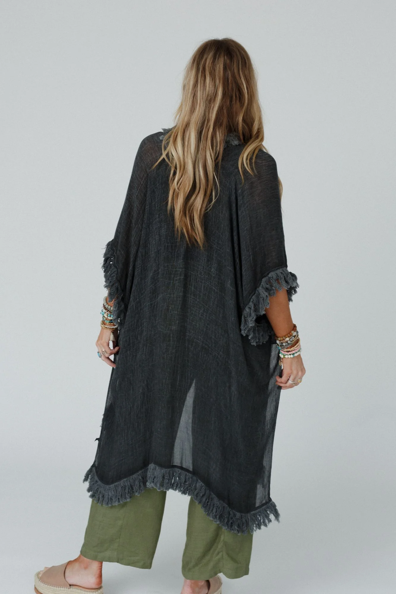 On The Edge Fringe Kimono - Charcoal - Image 3