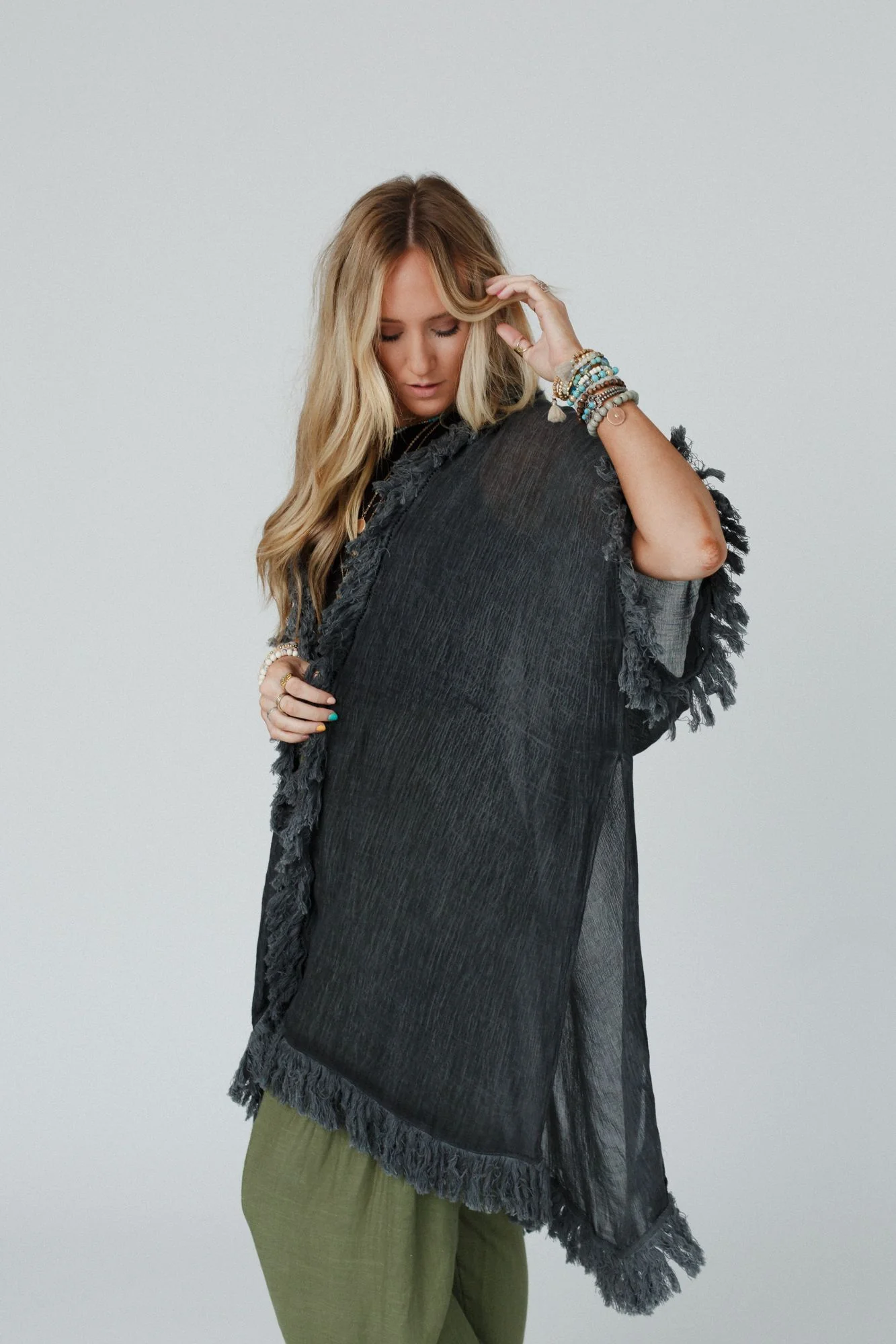 On The Edge Fringe Kimono - Charcoal - Image 4