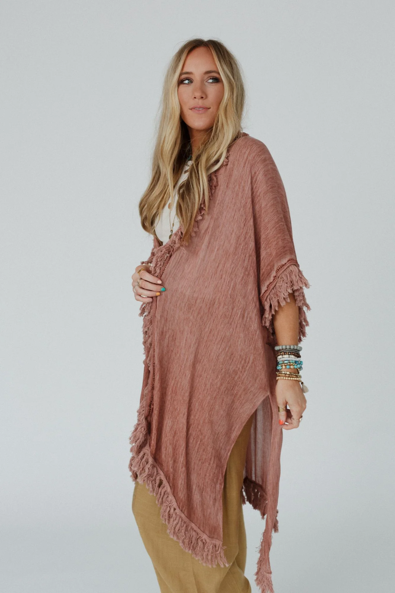 On The Edge Fringe Kimono - Rose Clay - Image 2