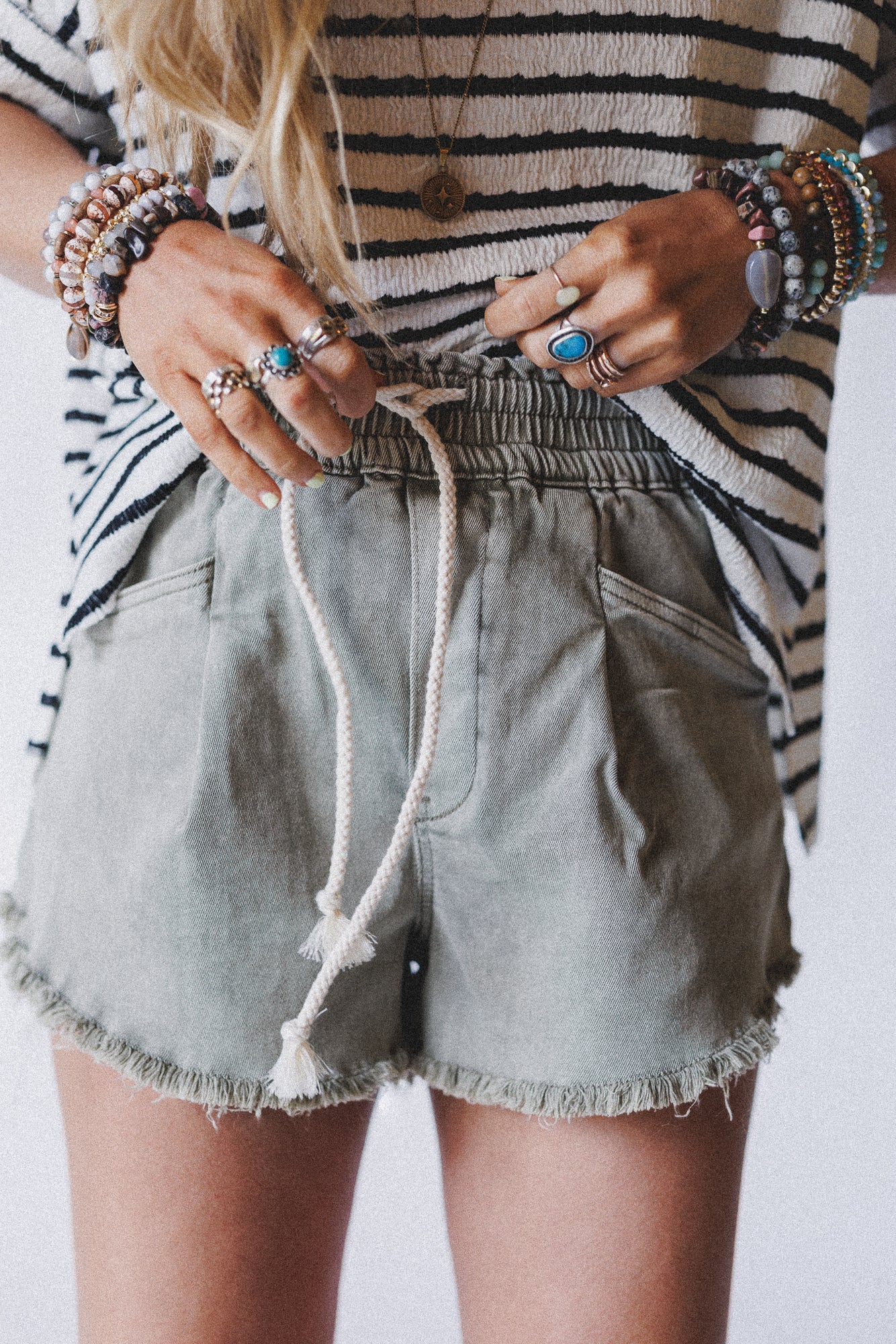 Open Sunroof Frayed Denim Shorts - Olive - Image 4