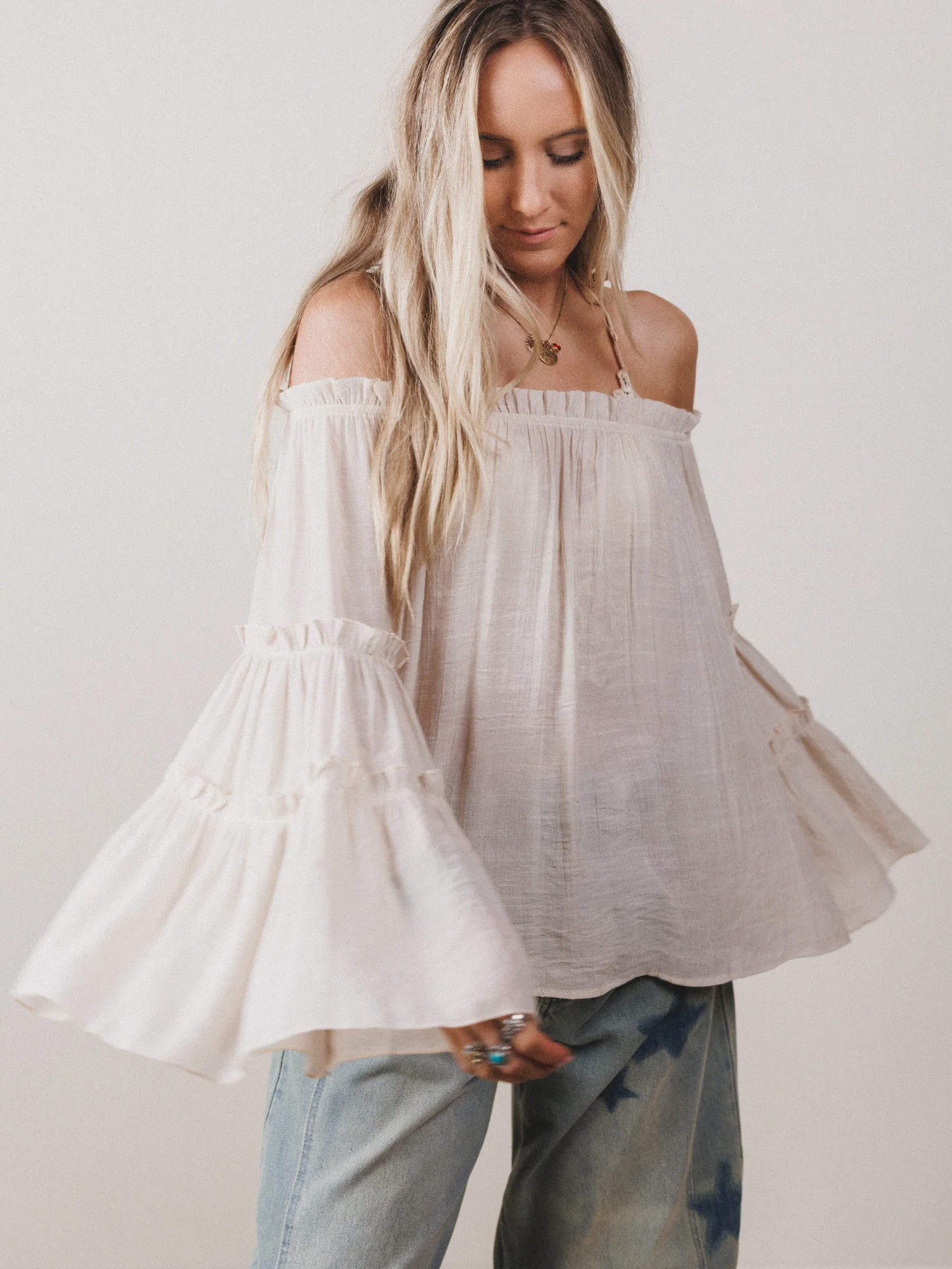 Petal Dancer Bell Sleeve Top - Beige - Image 4