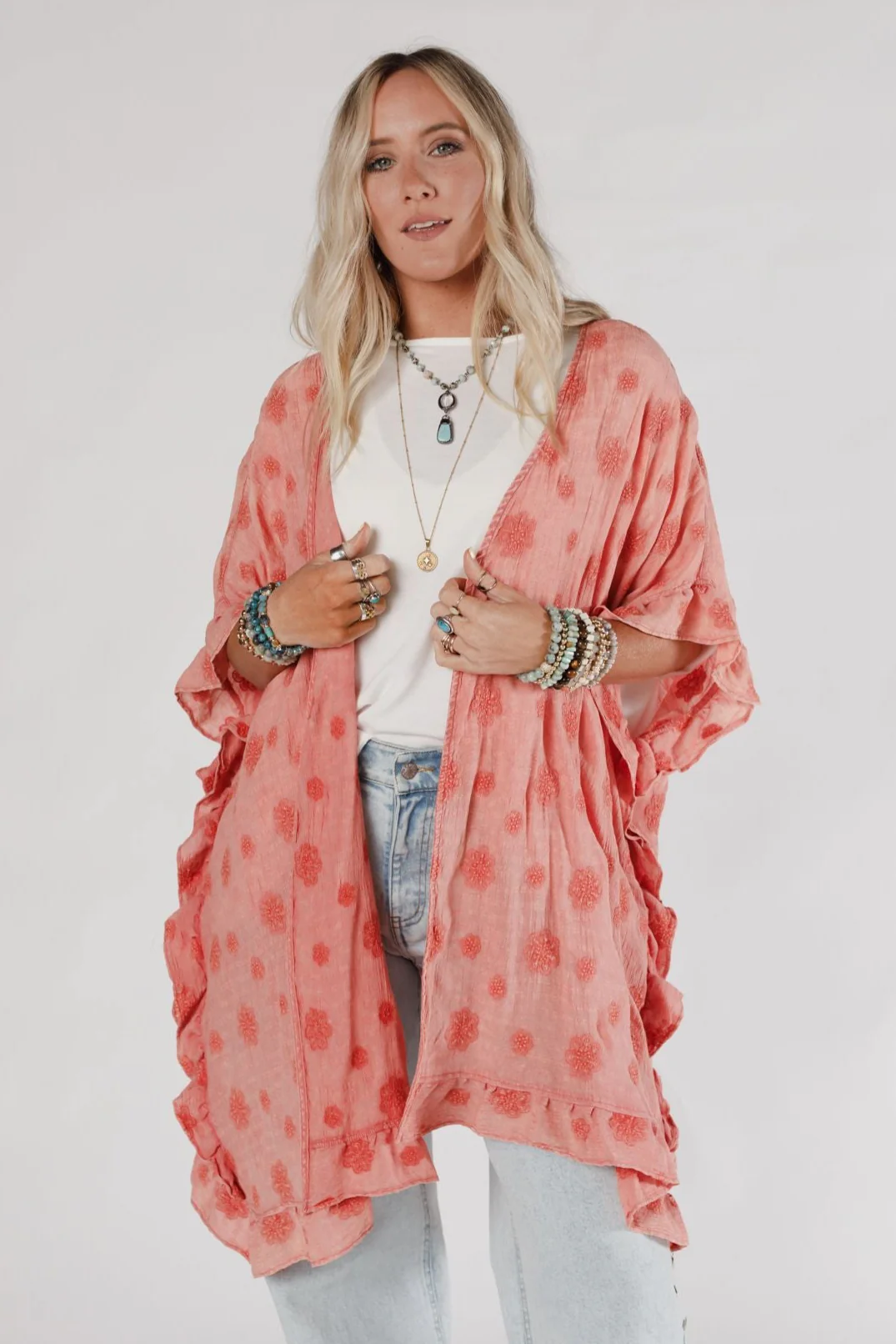 Petal Glow Embroidered Kimono - Red