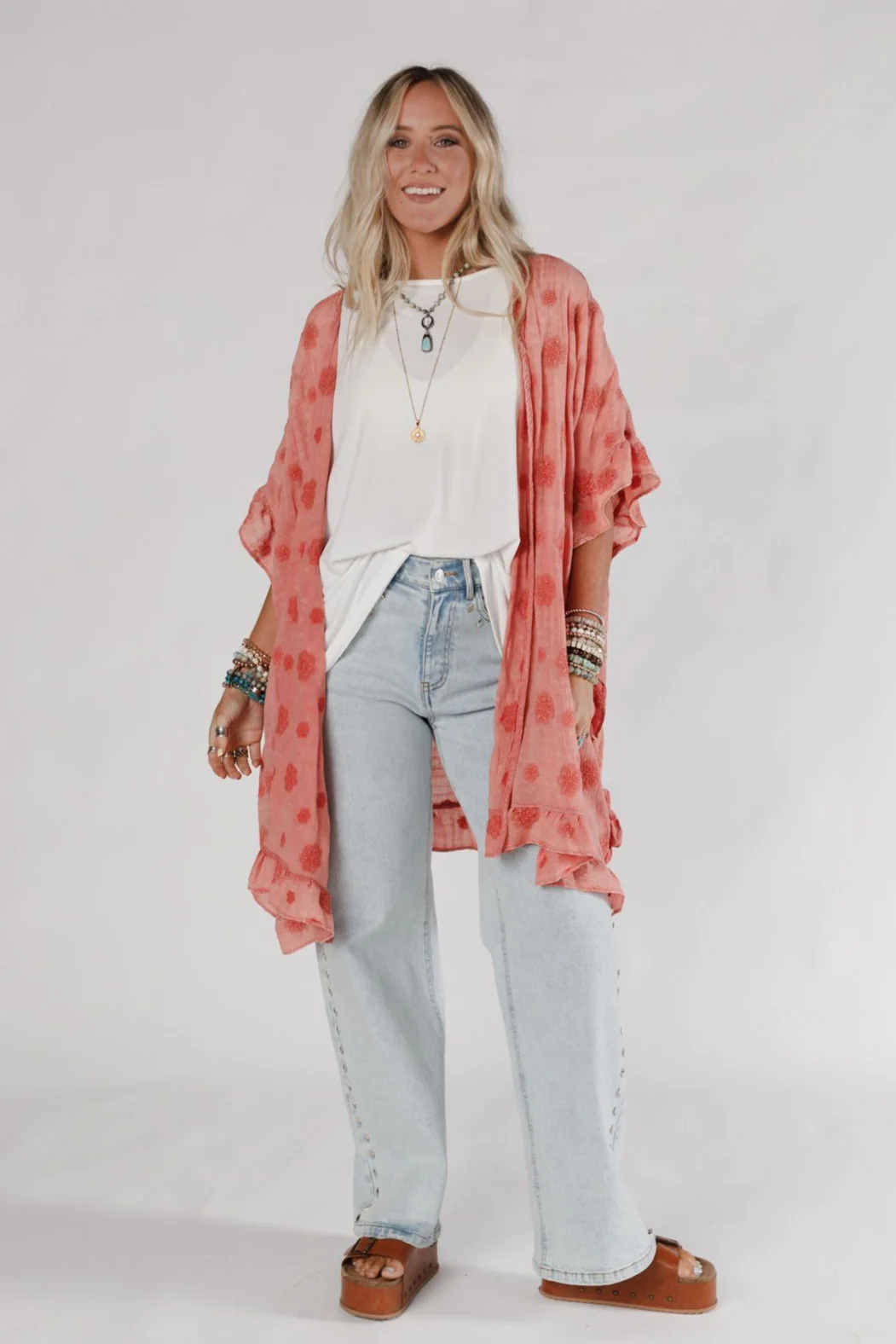 Petal Glow Embroidered Kimono - Red - Image 2