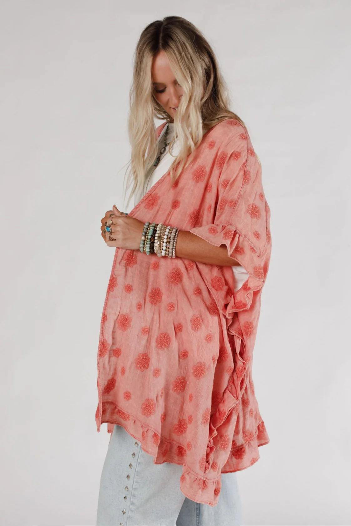 Petal Glow Embroidered Kimono - Red - Image 3