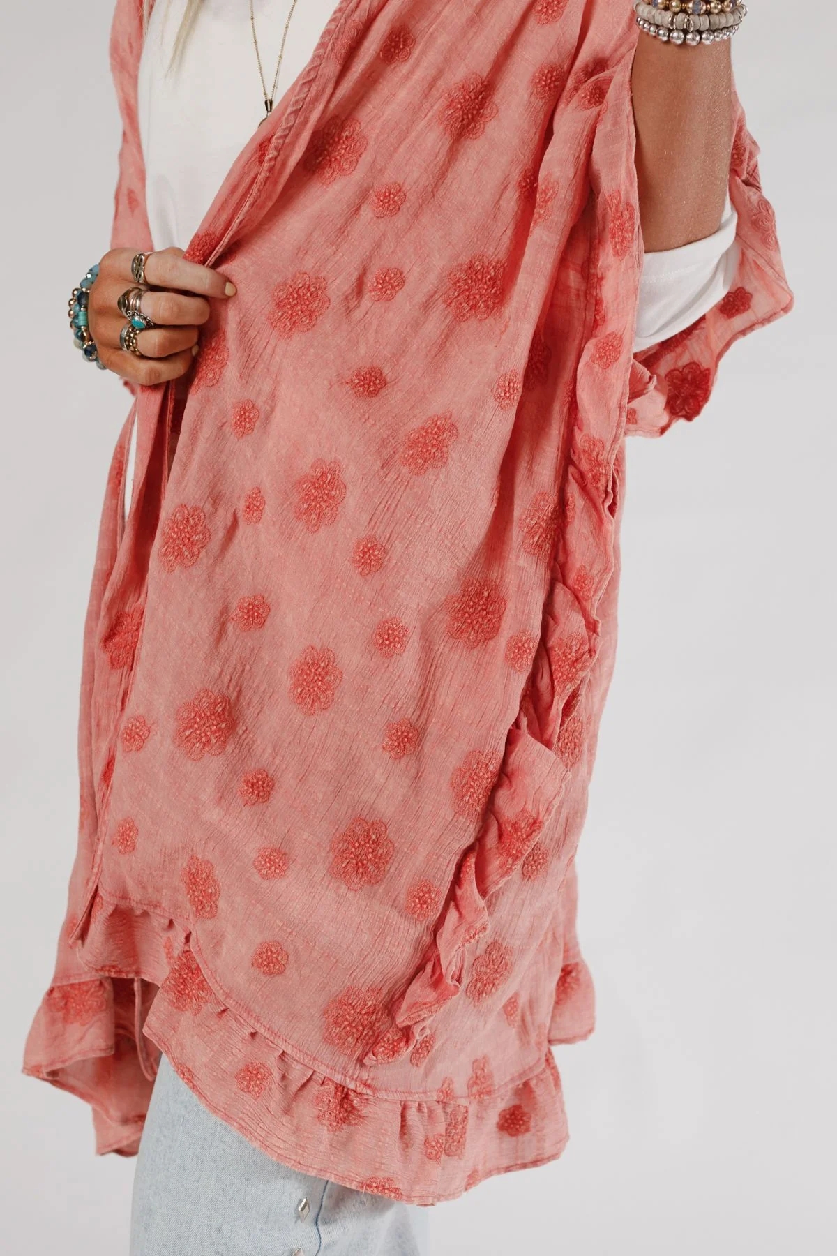Petal Glow Embroidered Kimono - Red - Image 4
