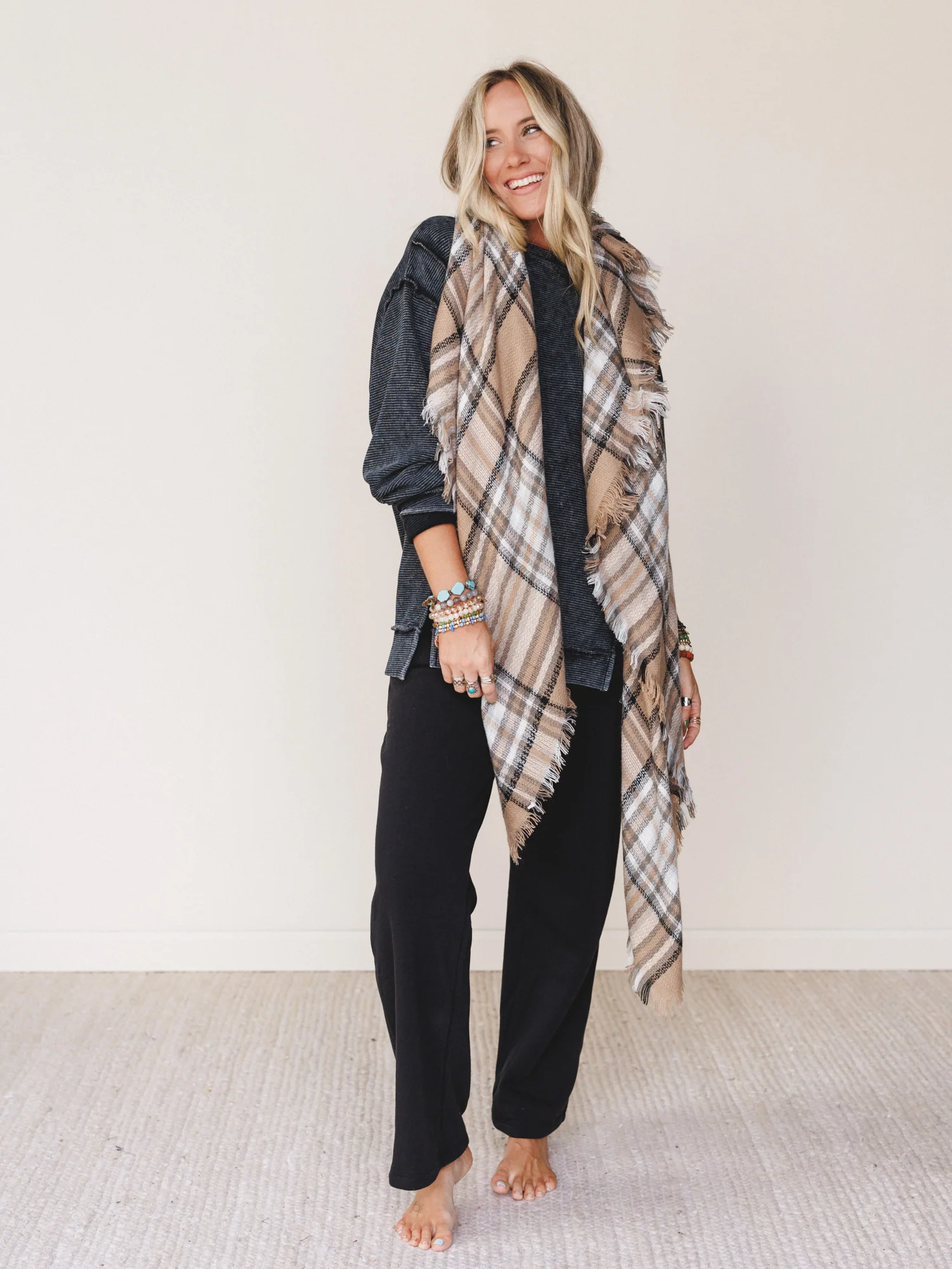 Plaid Blanket Scarf - Beige - Image 2