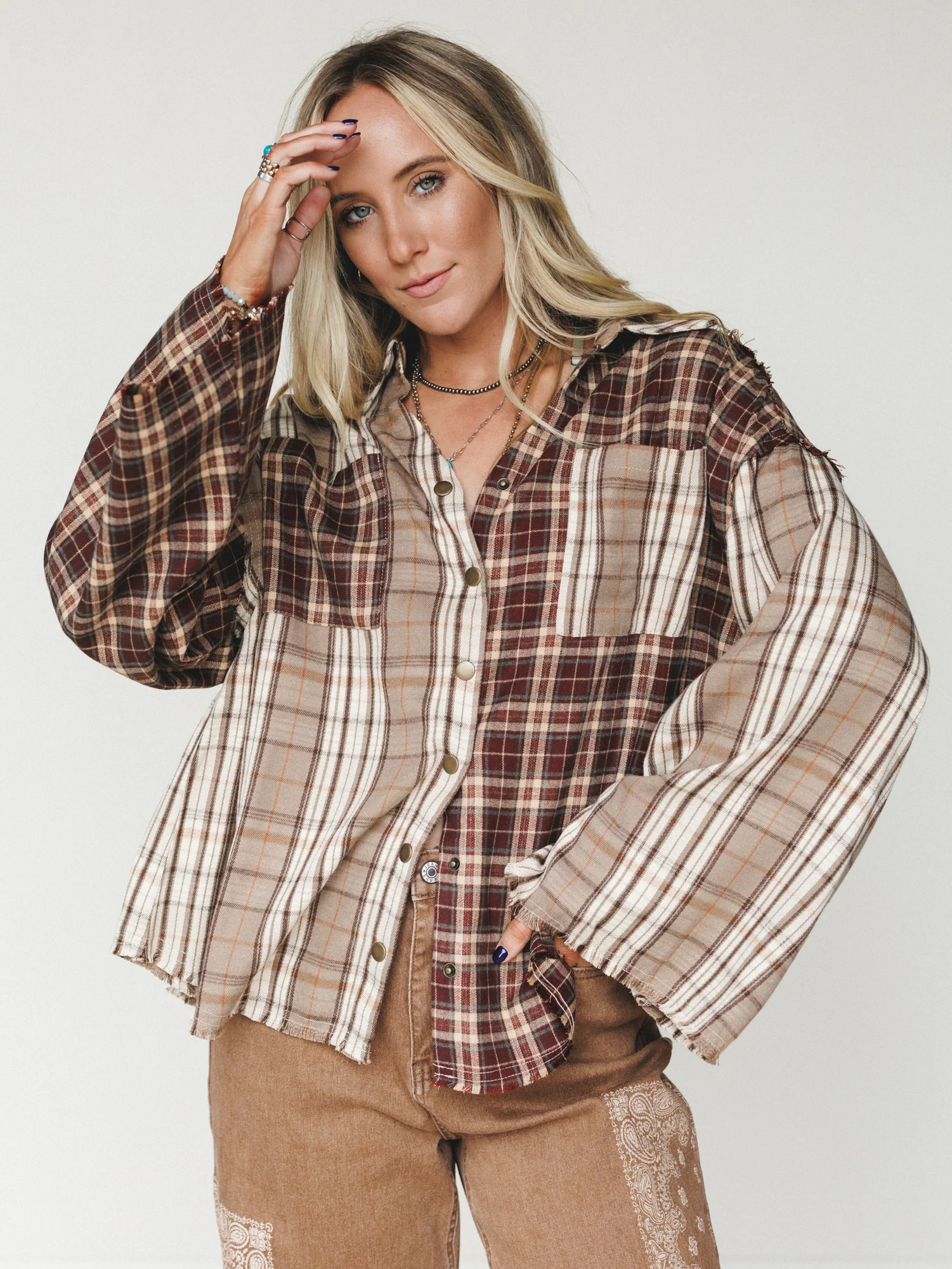 Plaid Flannel Bell Sleeve Top - Brown - Image 4