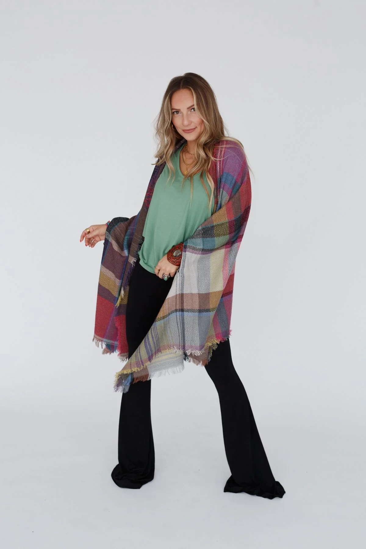Cozy Plaid Pocket Ruana Wrap - Fuchsia - Image 9