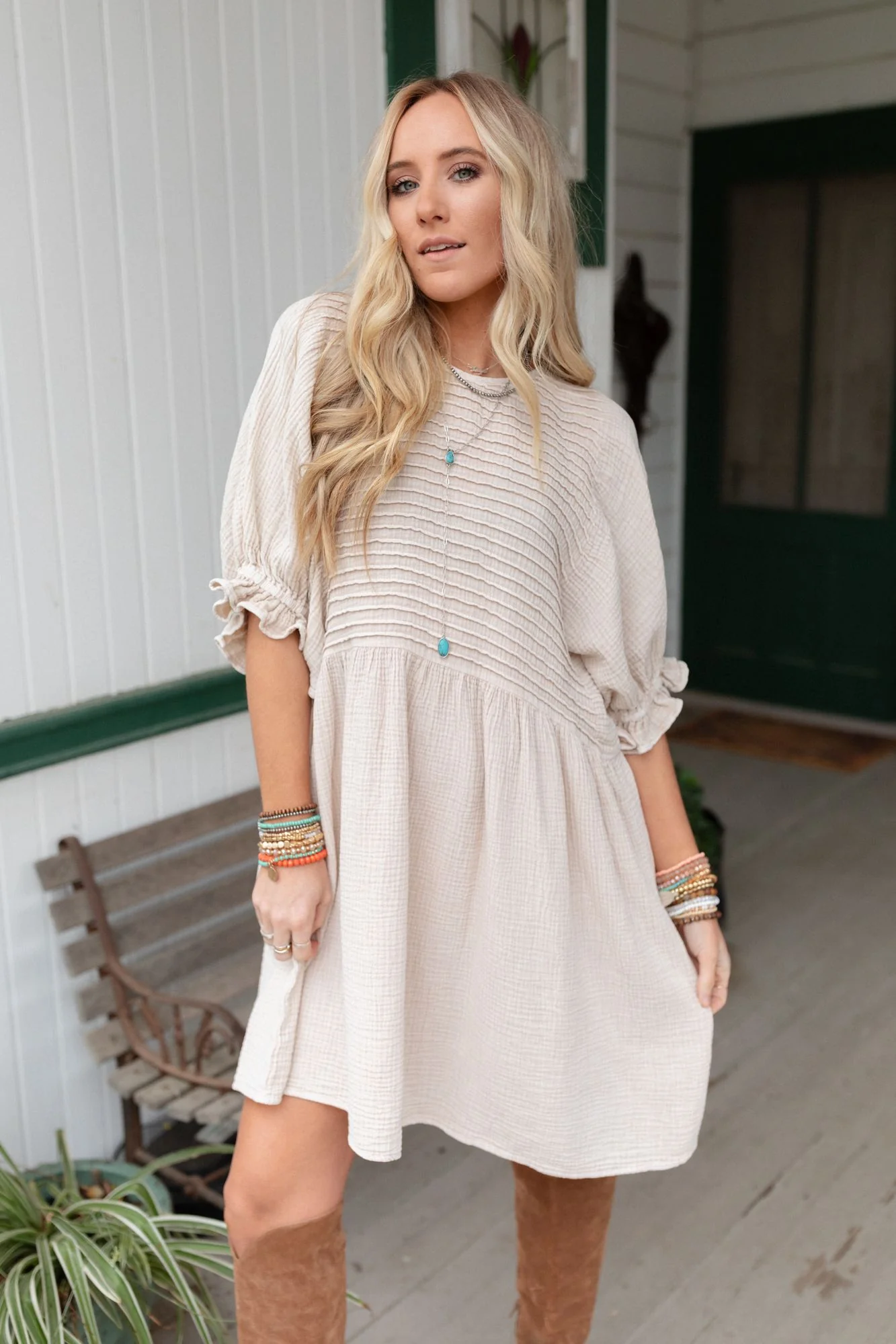 Quinn Puff Sleeve Mini Dress - Natural - Image 7