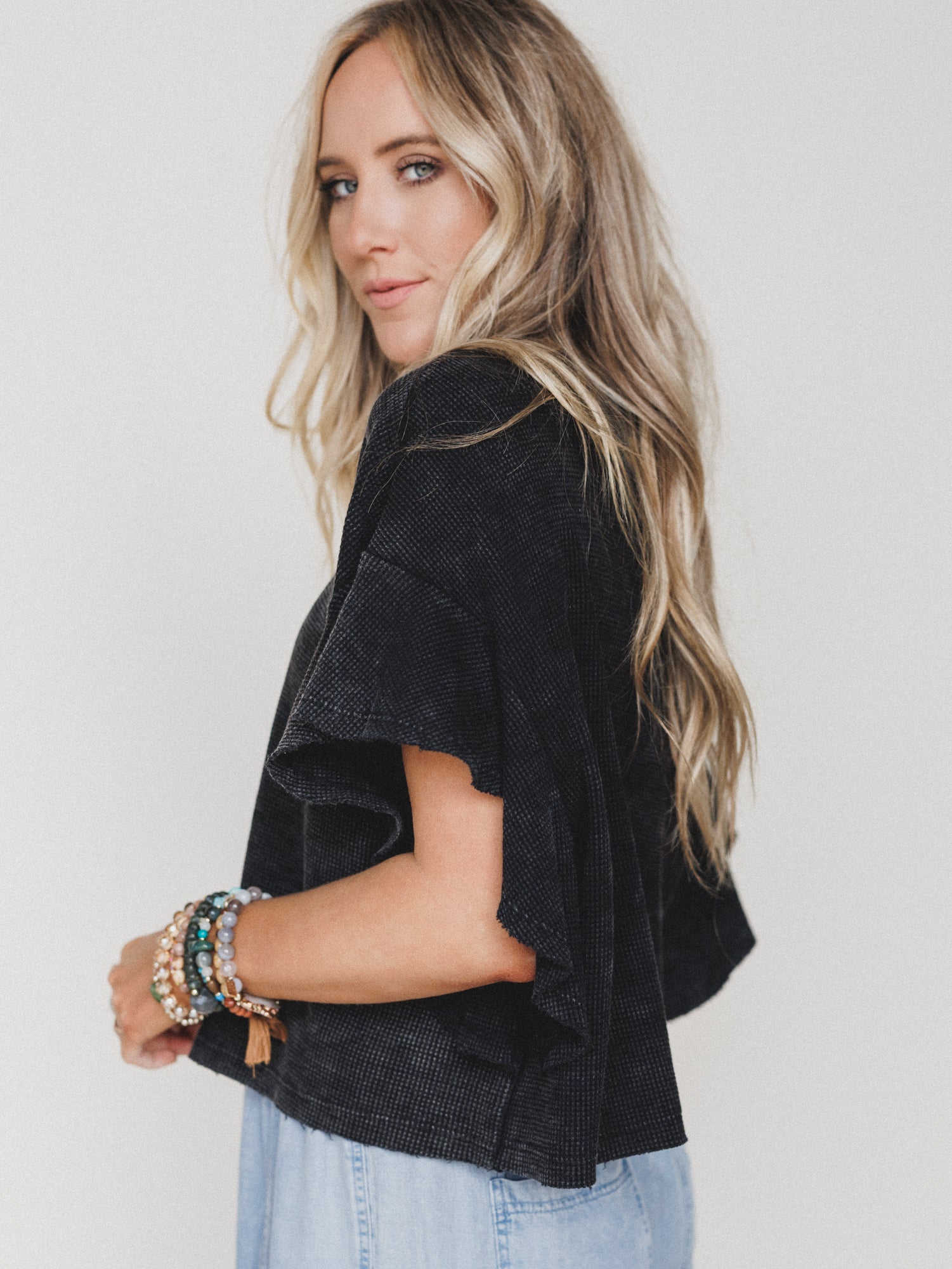 Ruffle Sleeve Tee - Ash Black - Image 2