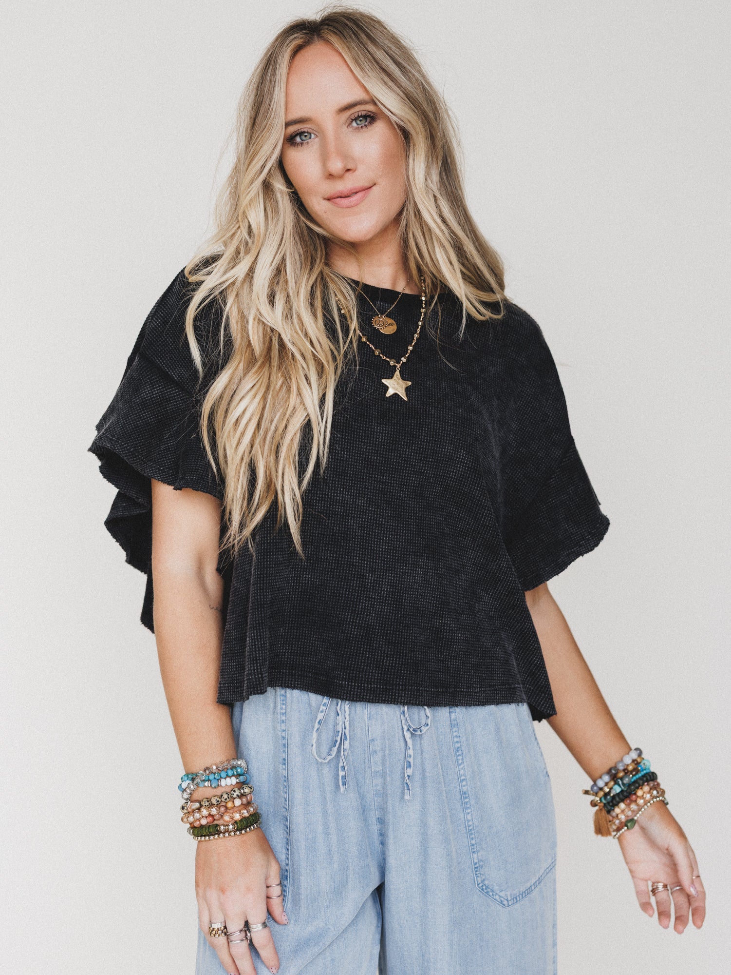 Ruffle Sleeve Tee - Ash Black - Image 5
