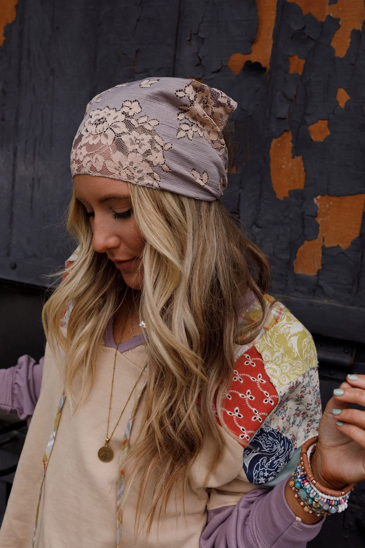 Sarah Floral Lace Headscarf - Gray - Image 3