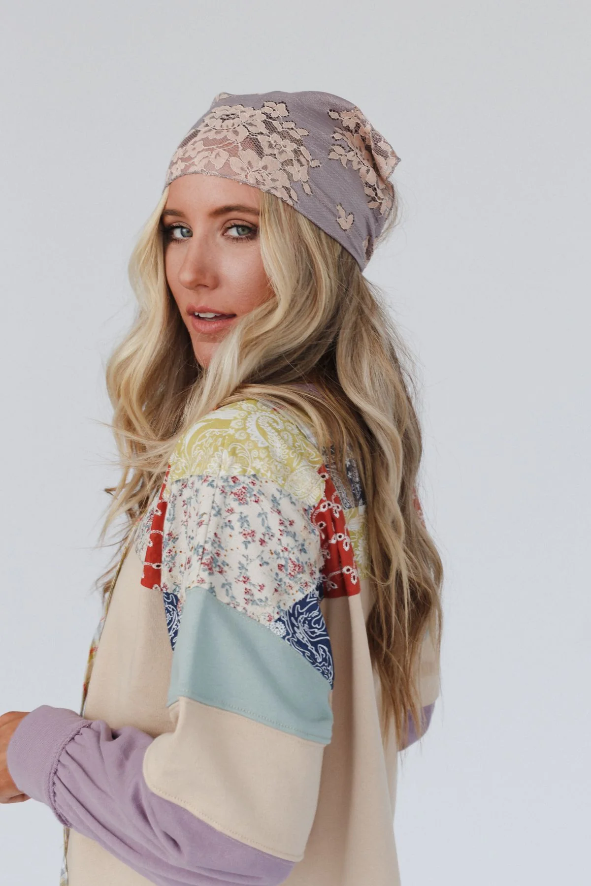 Sarah Floral Lace Headscarf - Gray - Image 4