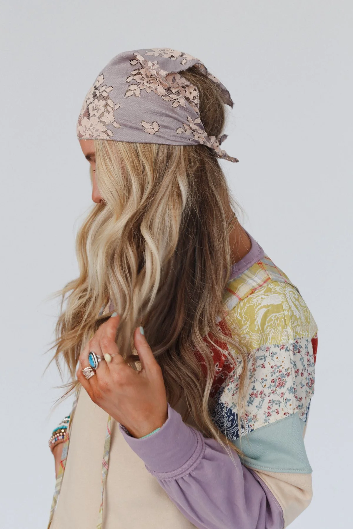 Sarah Floral Lace Headscarf - Gray - Image 5