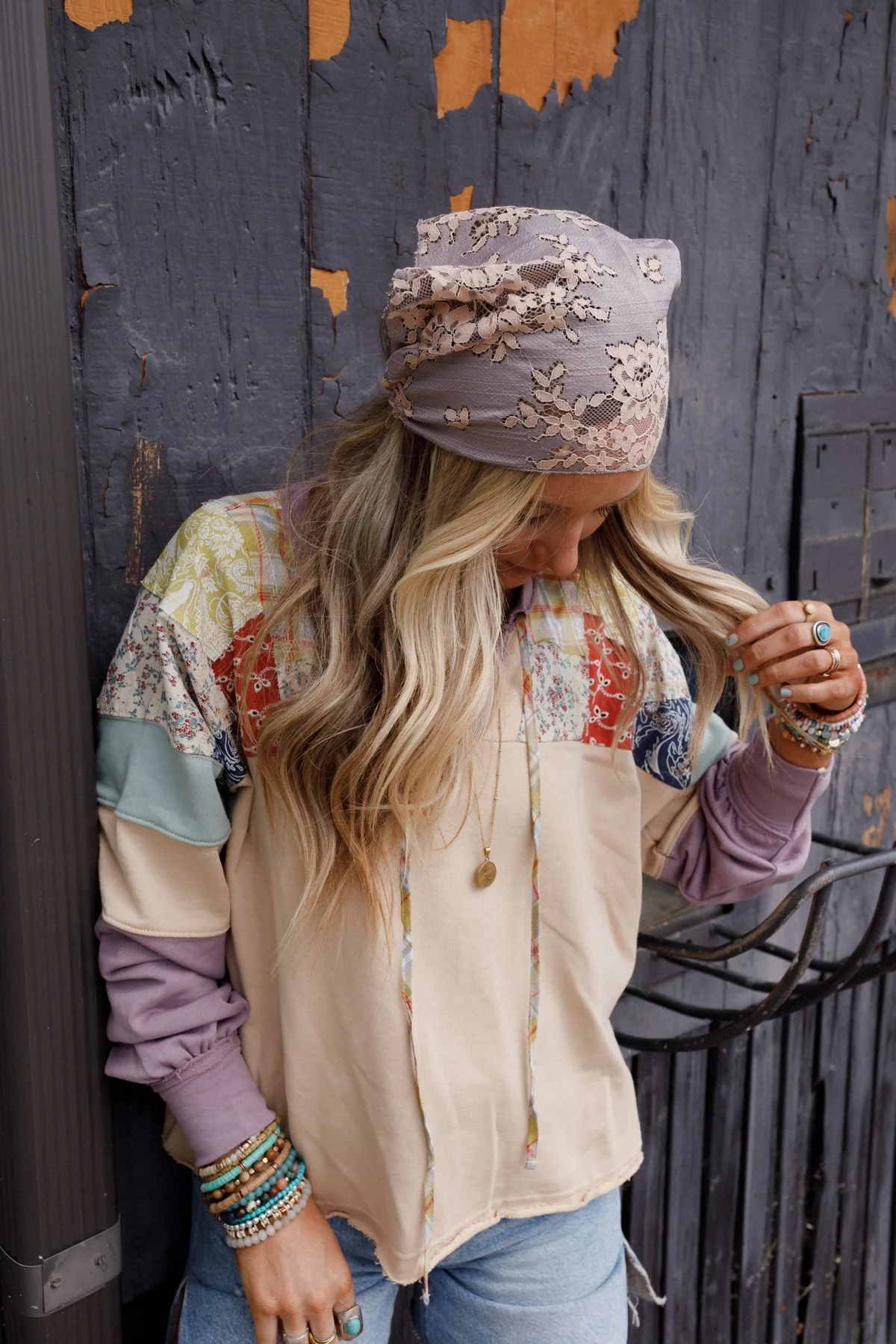 Sarah Floral Lace Headscarf - Gray - Image 9