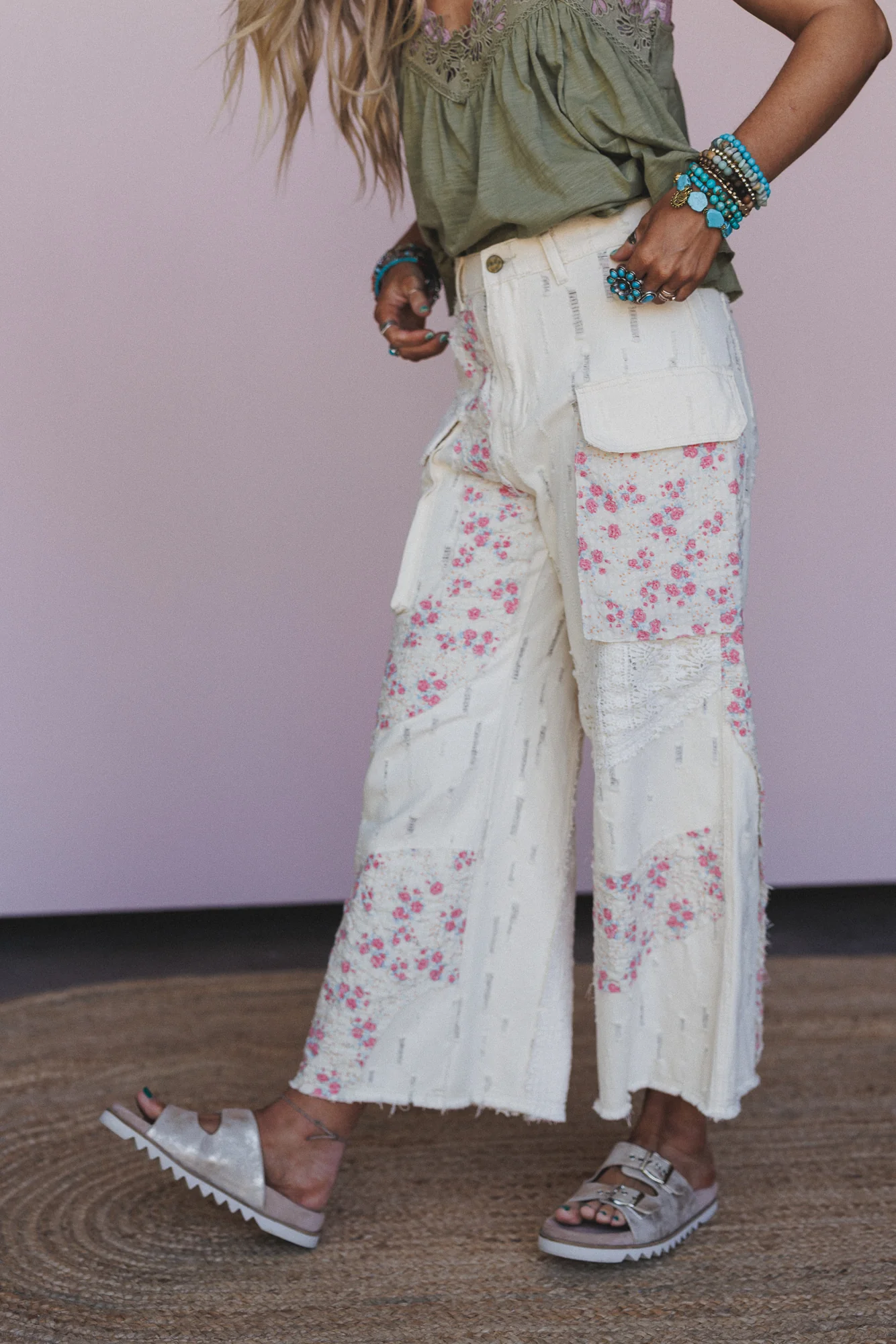 Seaside Bloom Crochet Detail Pants - Cream - Image 2