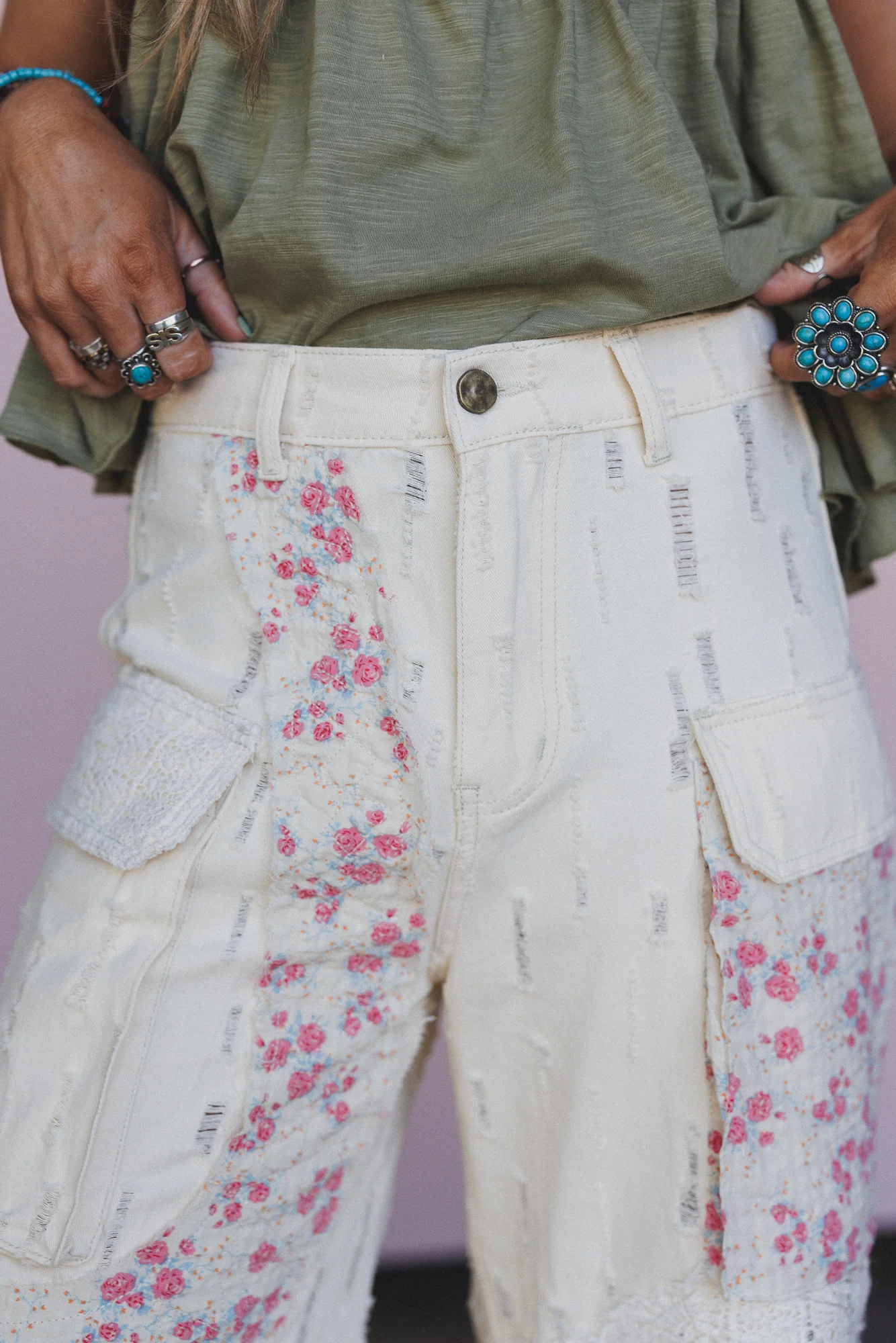 Seaside Bloom Crochet Detail Pants - Cream - Image 3