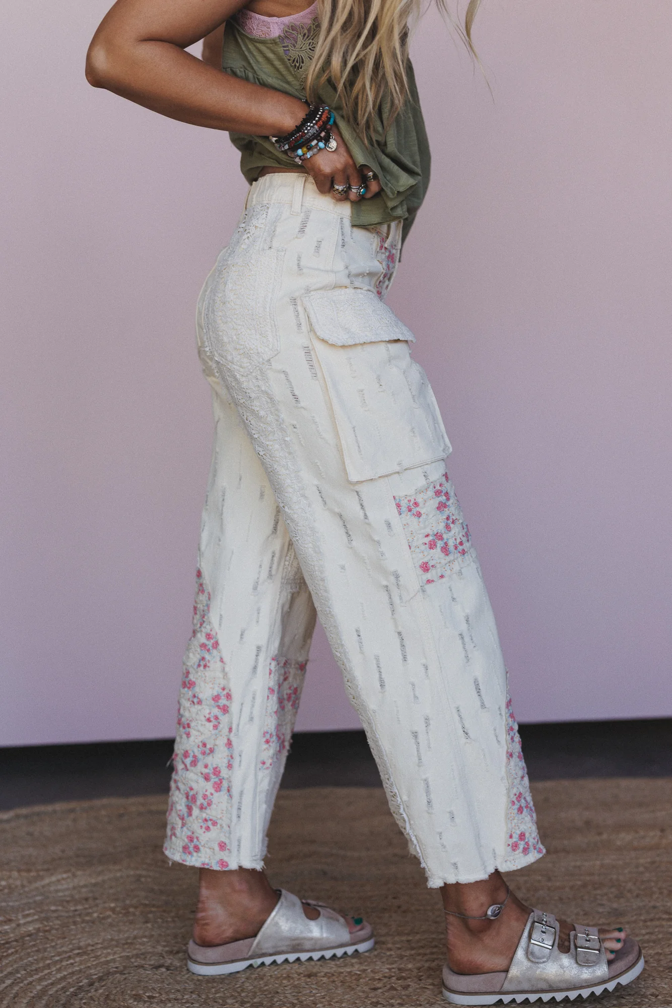 Seaside Bloom Crochet Detail Pants - Cream - Image 4