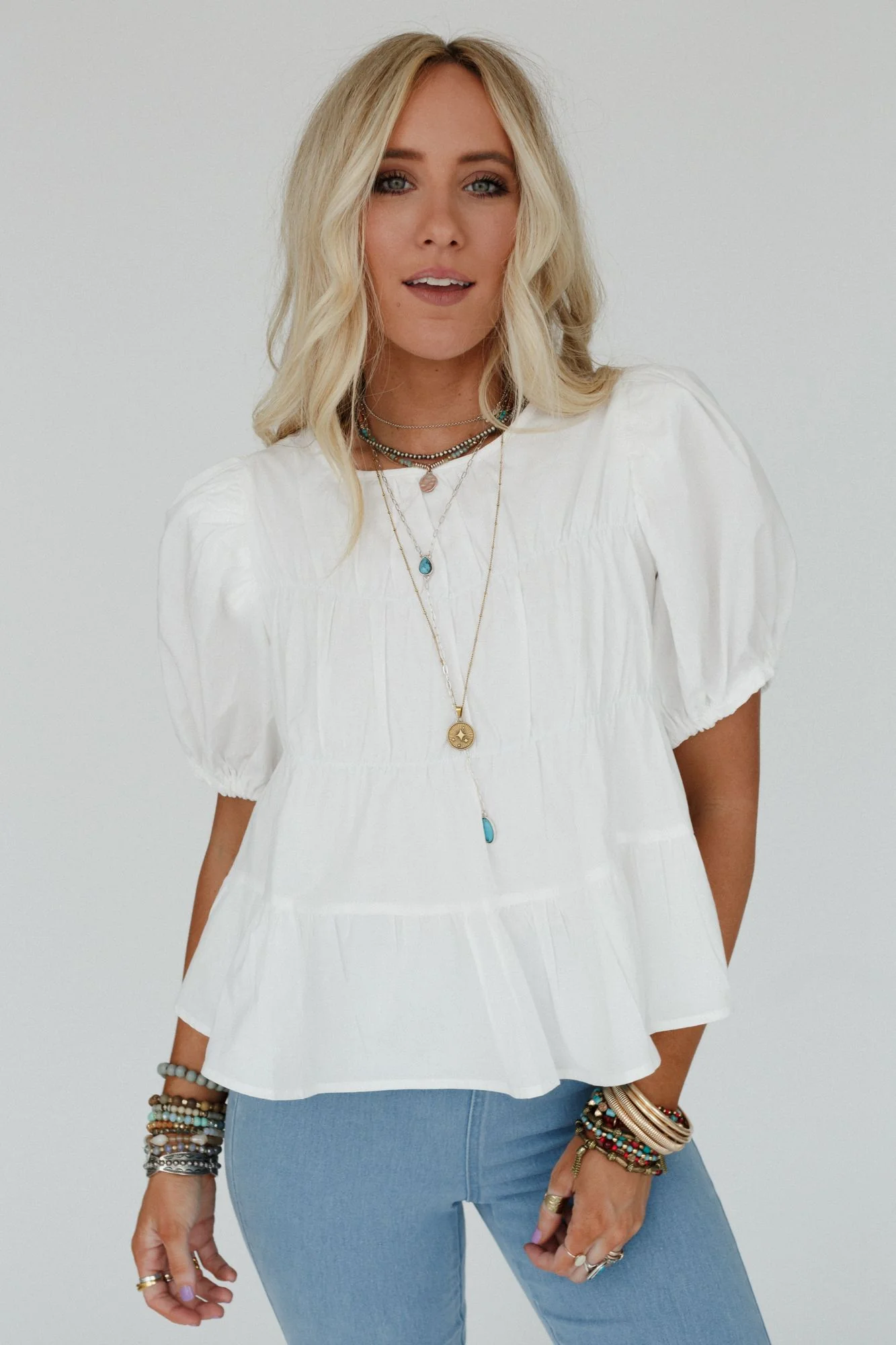 Shirr Delight Puff Sleeve Top - Off White - Image 3