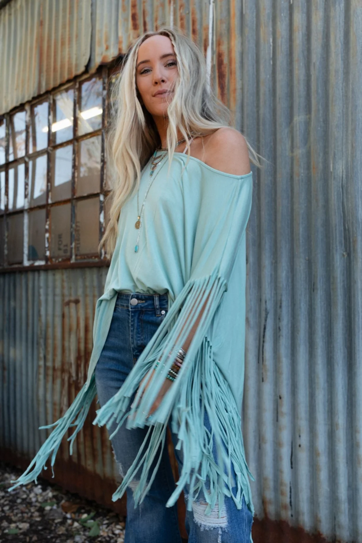 The Nest Showstopper Fringe Top - Washed Seafoam - Image 2