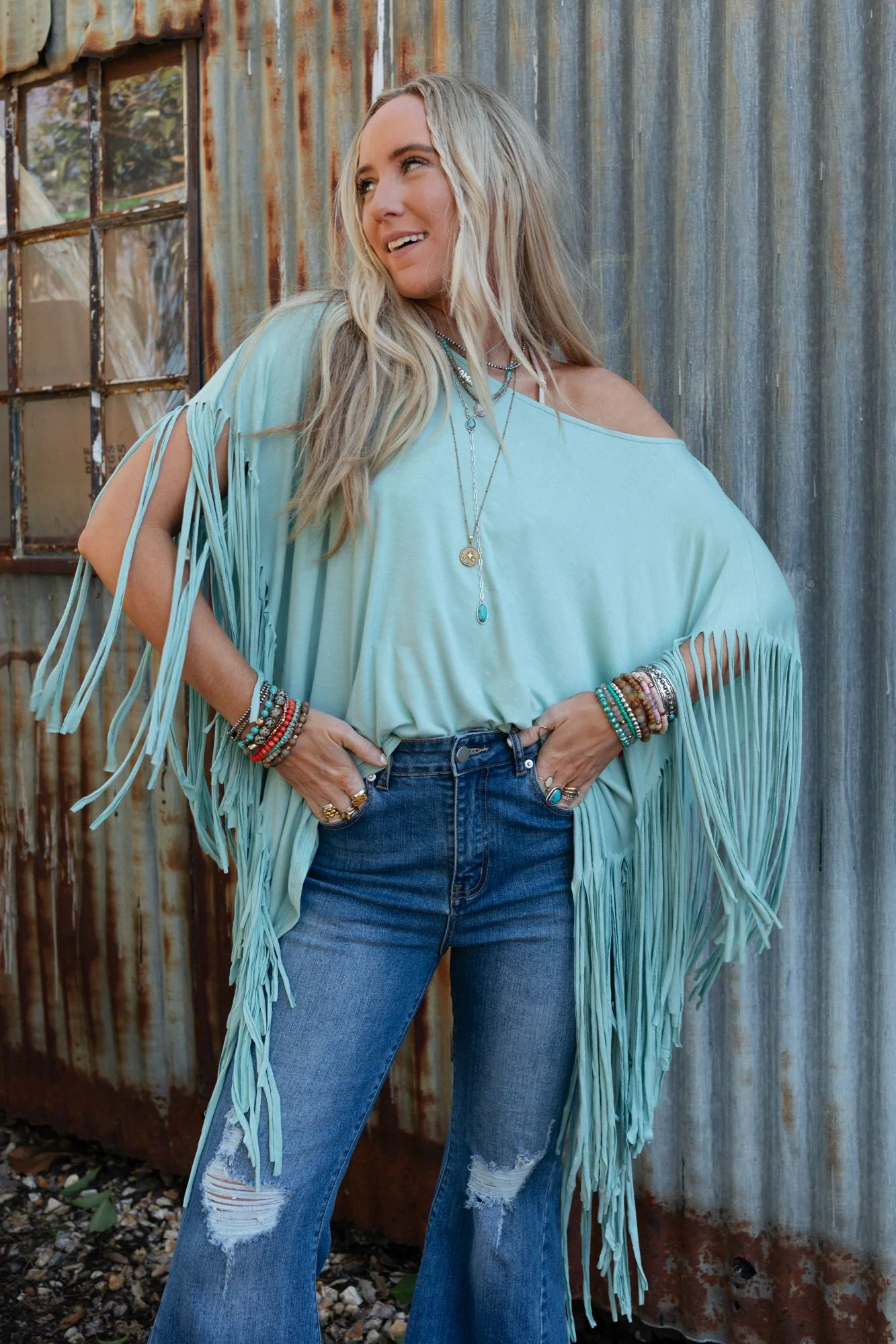 The Nest Showstopper Fringe Top - Washed Seafoam - Image 3