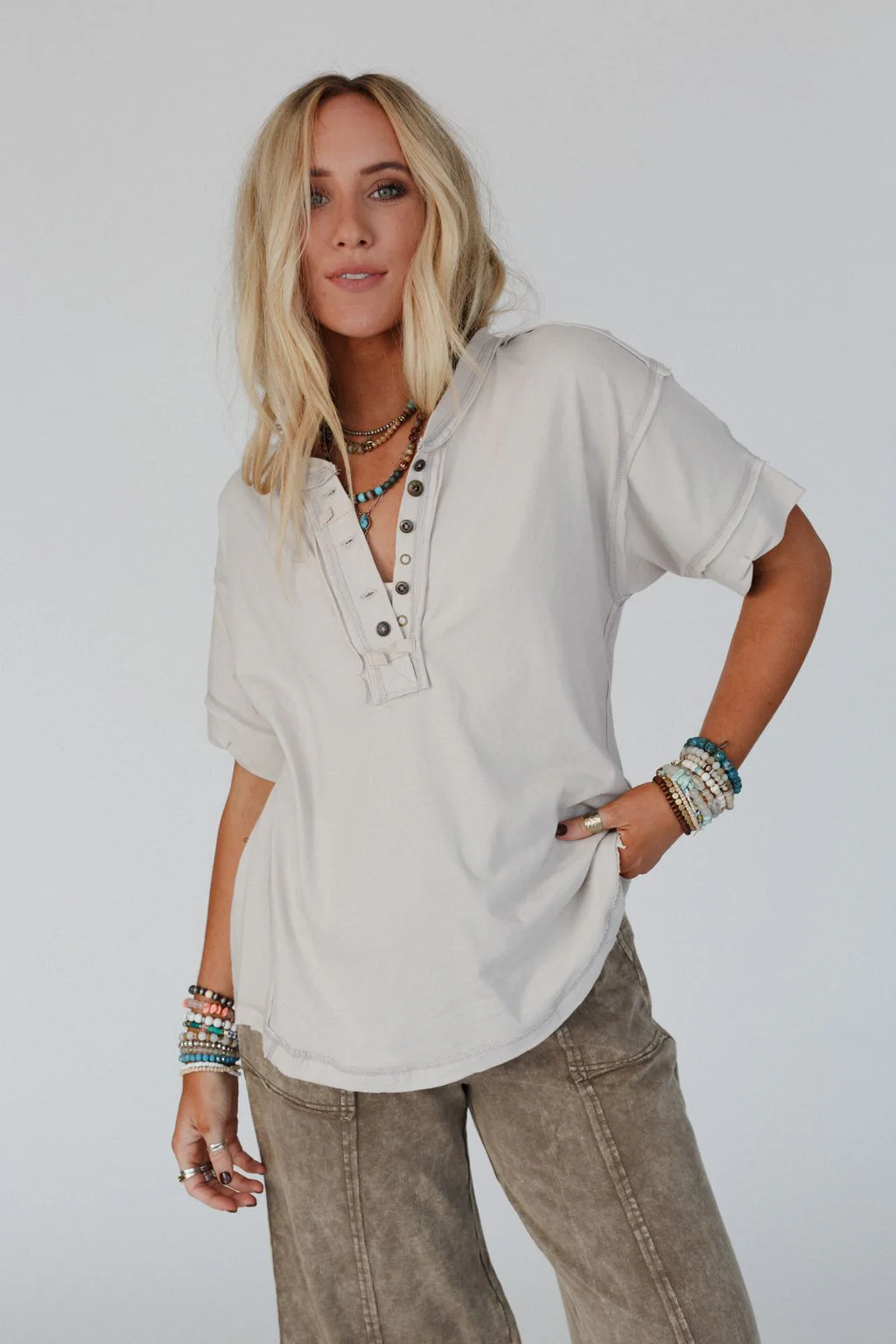Sienna Henley Top - Beige - Image 5