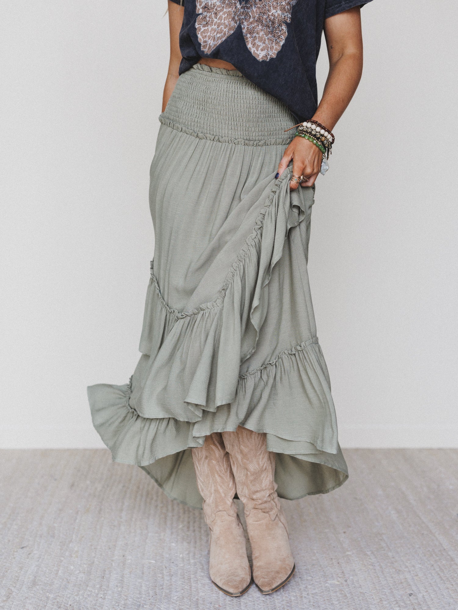 Washed Ashore Ruffled Maxi Skirt - Olive - Image 3