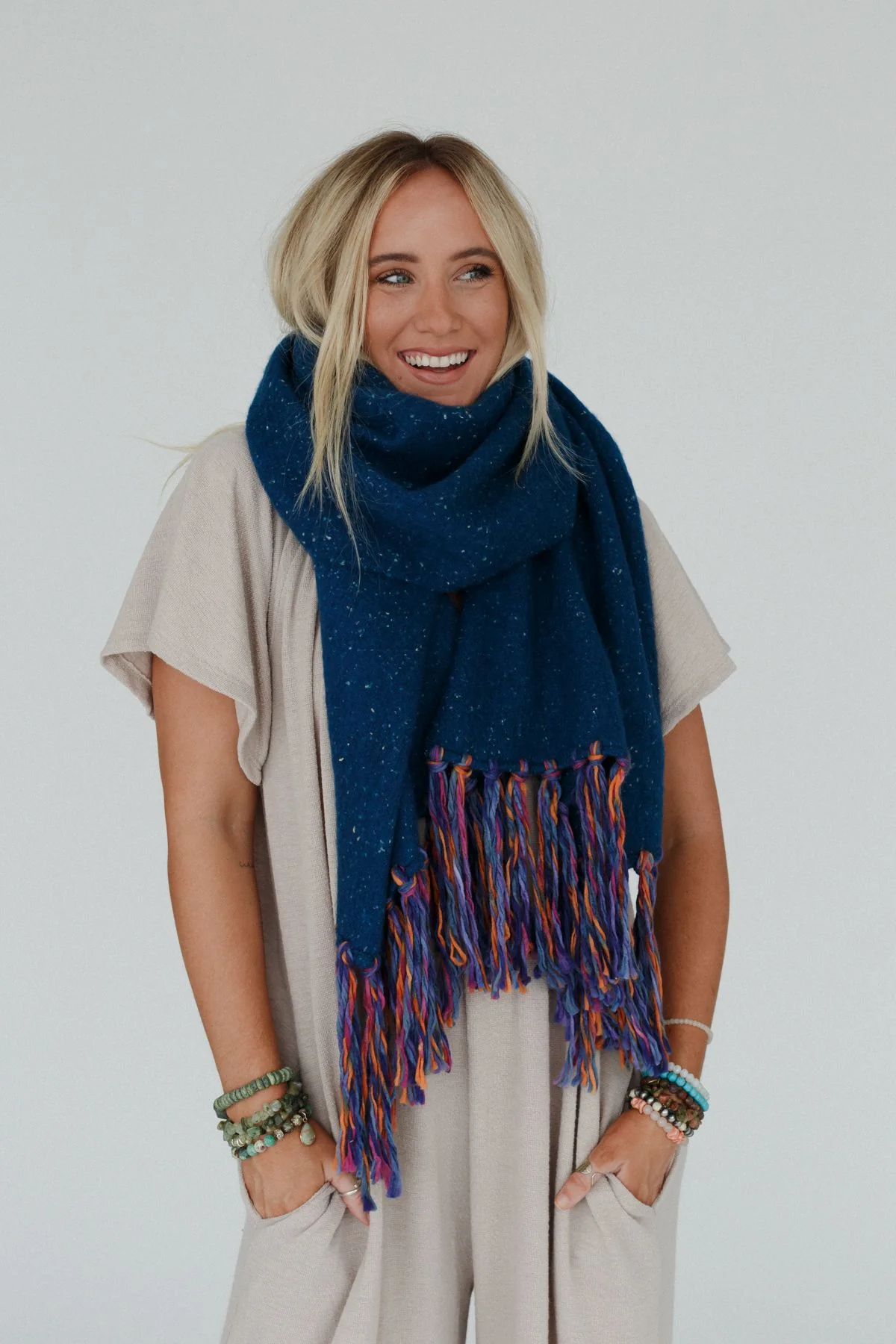 Stardust Speckled Fringe Scarf - Blue - Image 6