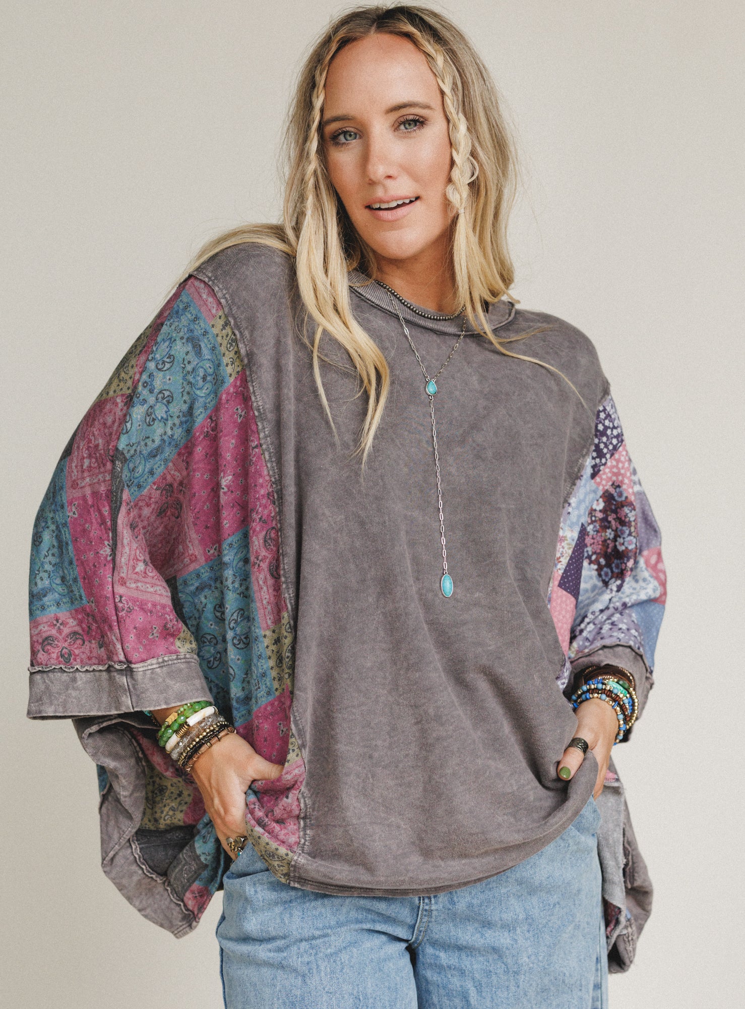 Stone Petal Mix Print Top - Charcoal